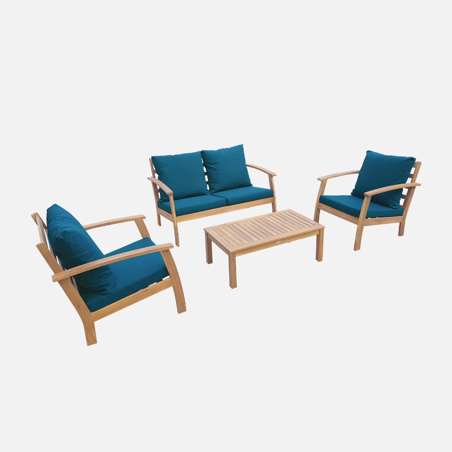 Houten loungeset 4 plaatsen - Ushuaïa - Donker Turquoise kussens, bank, fauteuils en lage tafel van acacia, design Photo3