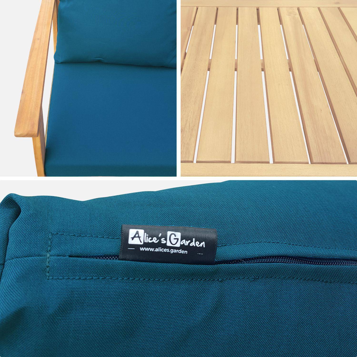 Houten loungeset 4 plaatsen - Ushuaïa - Donker Turquoise kussens, bank, fauteuils en lage tafel van acacia, design Photo6
