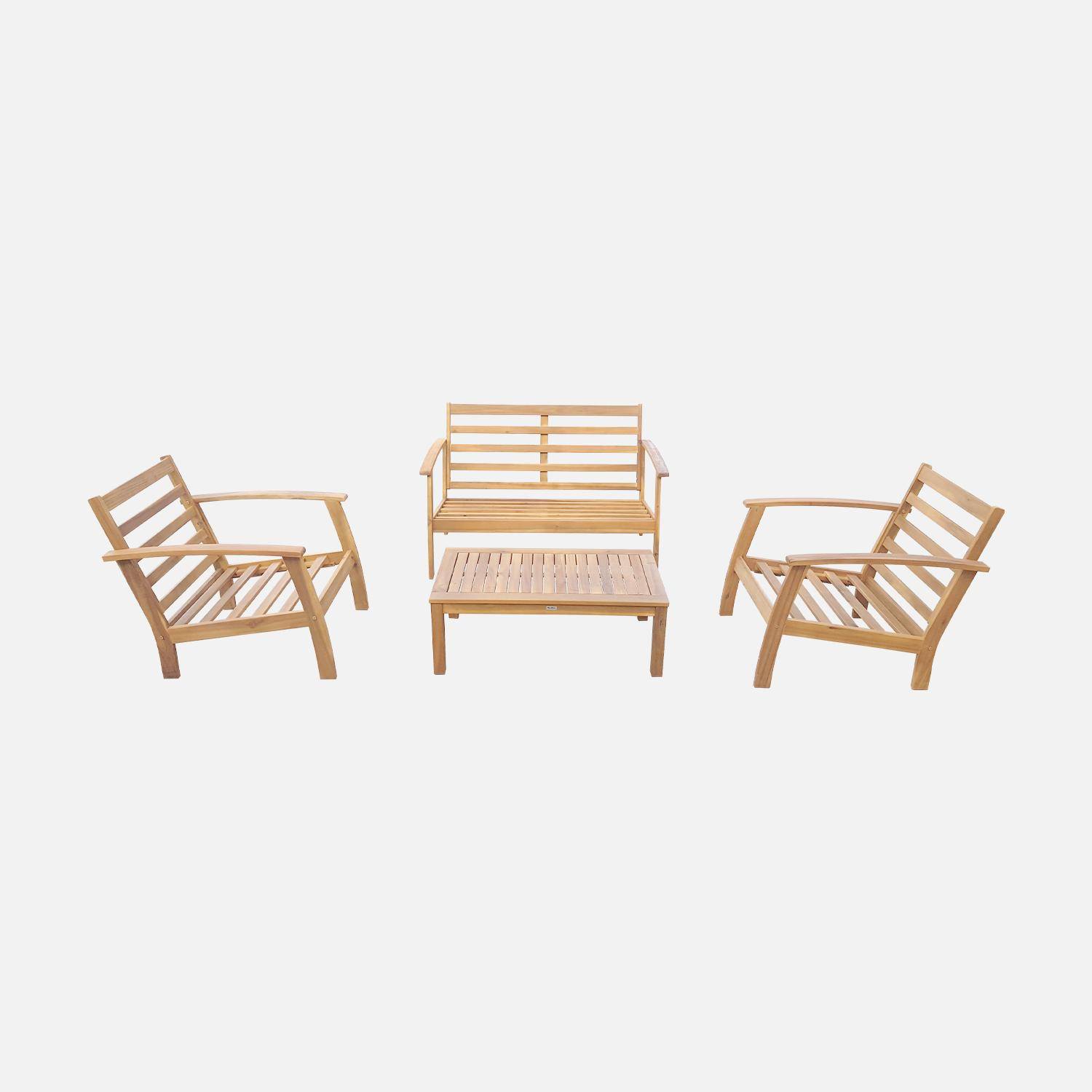Salon de jardin en bois 4 places - Ushuaïa - Coussins bleu canard, canapé, fauteuils et table basse en acacia, design Photo4