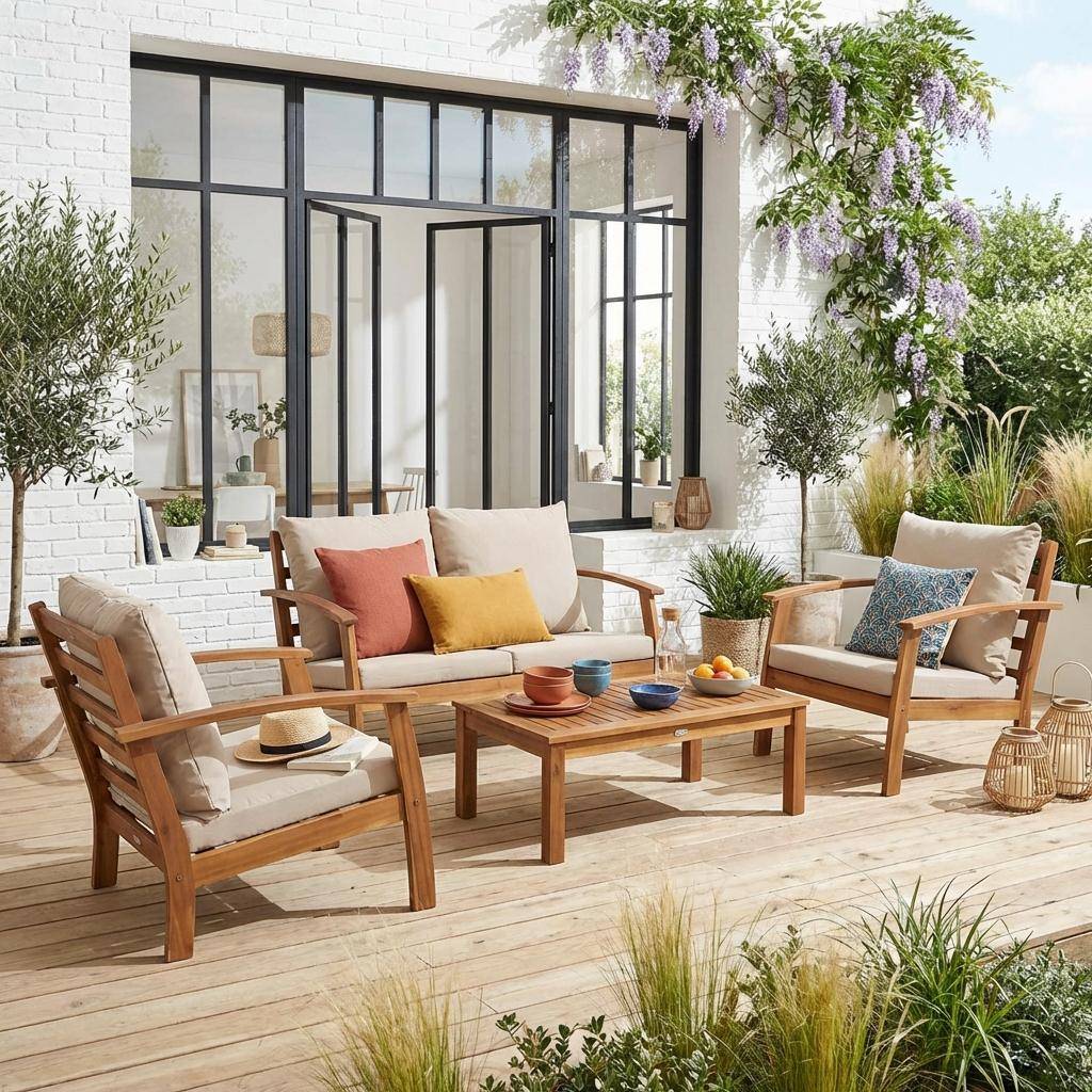 4-osobowy drewniany zestaw mebli ogrodowych - Ushuaïa - poduszki ecru, sofa, fotele i stolik kawowy z drewna akacjowego Photo1