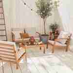 Salon de jardin en bois 4 places - Ushuaïa - Coussins écru, canapé, fauteuils et table basse en acacia, design Photo1