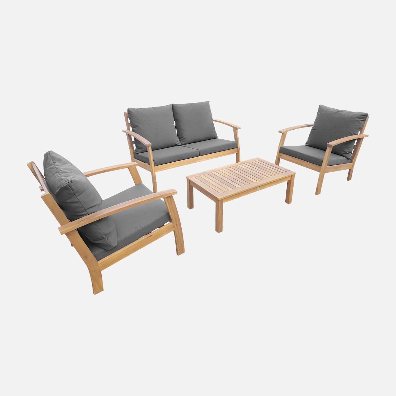 Houten loungeset 4 plaatsen - Ushuaïa - Grijs kussens, bank, fauteuils en lage tafel van acacia, design | sweeek
