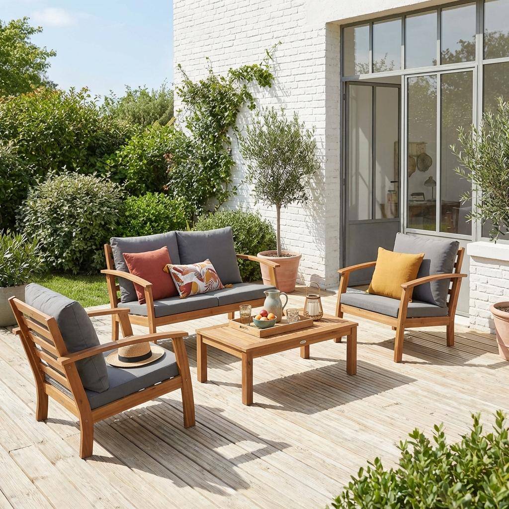 4-osobowy drewniany zestaw mebli ogrodowych - Ushuaïa - poduszki szare, sofa, fotele i stolik kawowy z drewna akacjowego,sweeek,Photo1