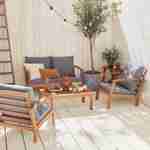 Mobília de 4 lugares em madeira para jardim - Ushuaïa - Almofadas cinzentas, sofá, poltronas e mesa de centro em acácia, design Photo1