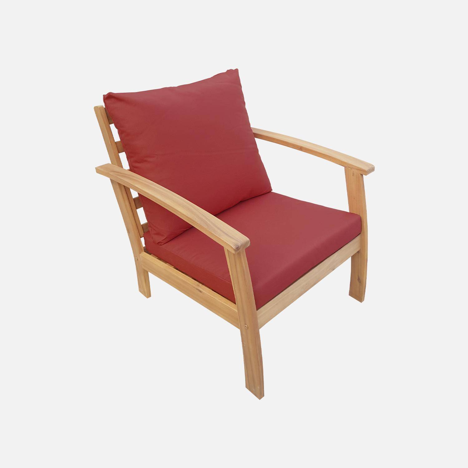 4-osobowy drewniany zestaw mebli ogrodowych - Ushuaïa - poduszki terakota, sofa, fotele i stolik kawowy z drewna akacjowego Photo5