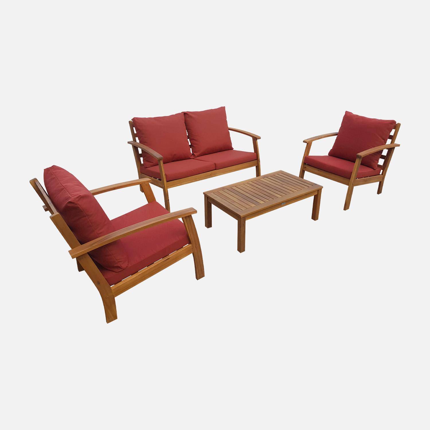 4-osobowy drewniany zestaw mebli ogrodowych - Ushuaïa - poduszki terakota, sofa, fotele i stolik kawowy z drewna akacjowego Photo3