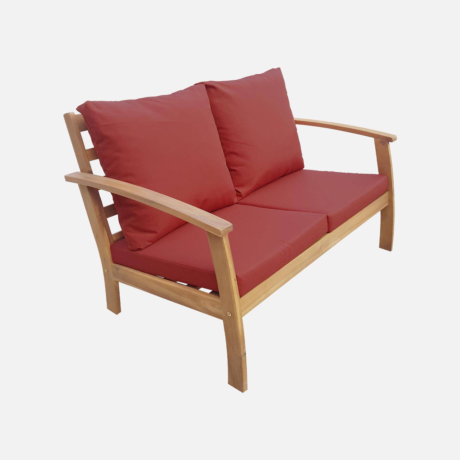 4-osobowy drewniany zestaw mebli ogrodowych - Ushuaïa - poduszki terakota, sofa, fotele i stolik kawowy z drewna akacjowego Photo4