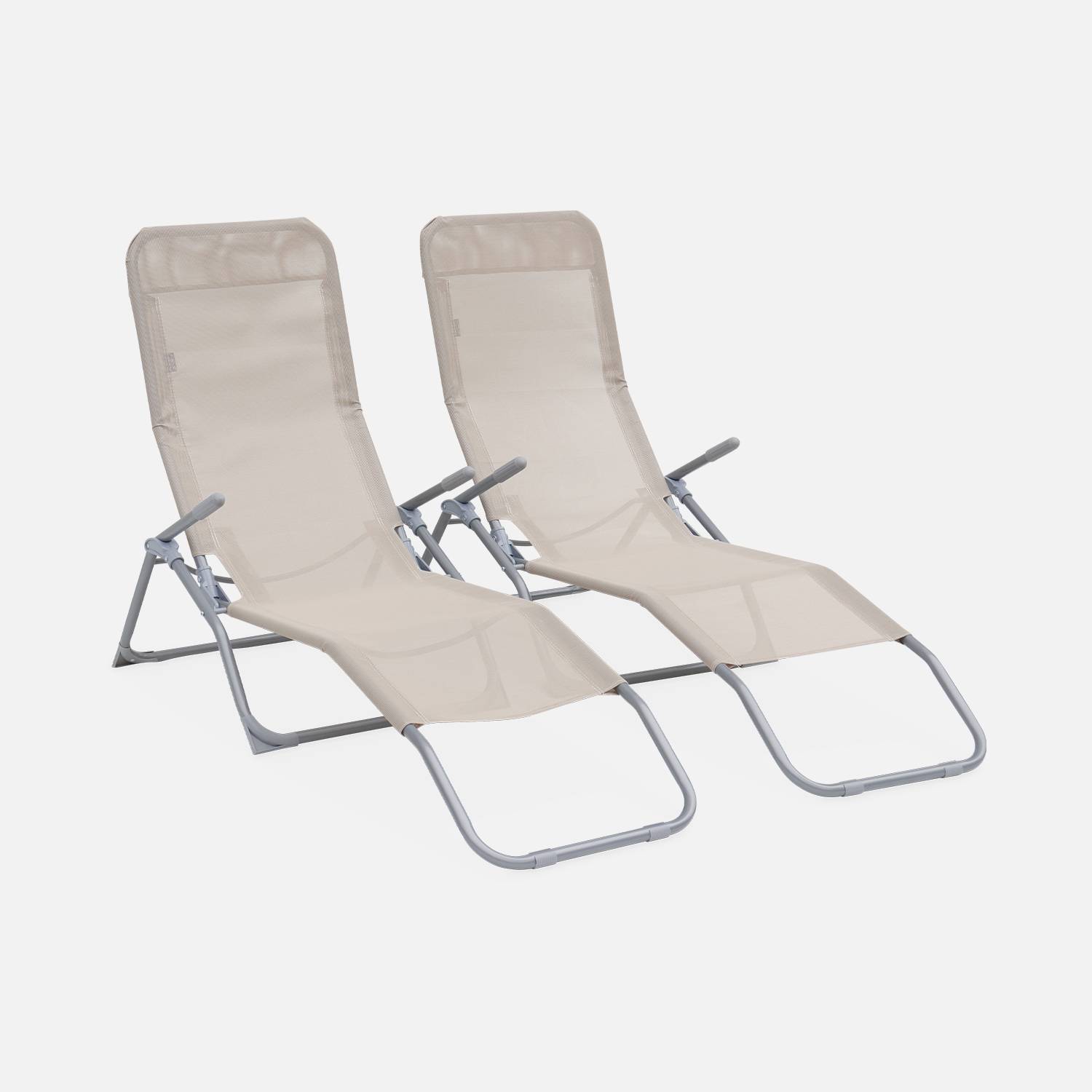 Set van 2 opvouwbare ligstoelen - Levito Taupe - Ligstoelen van textileen, 2 posities, opvouwbare ligstoelen | sweeek