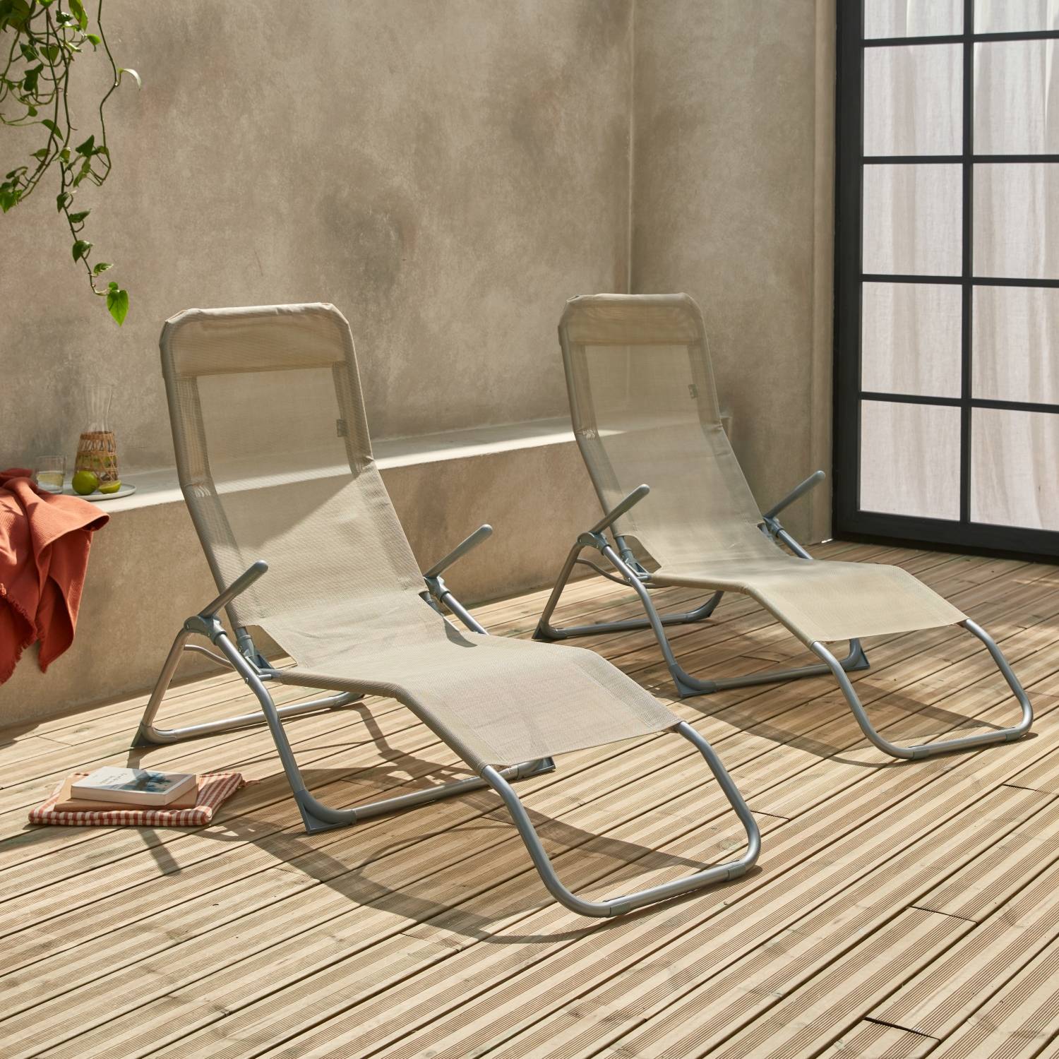 Set of 2 textilene sun loungers, Taupe | sweeek