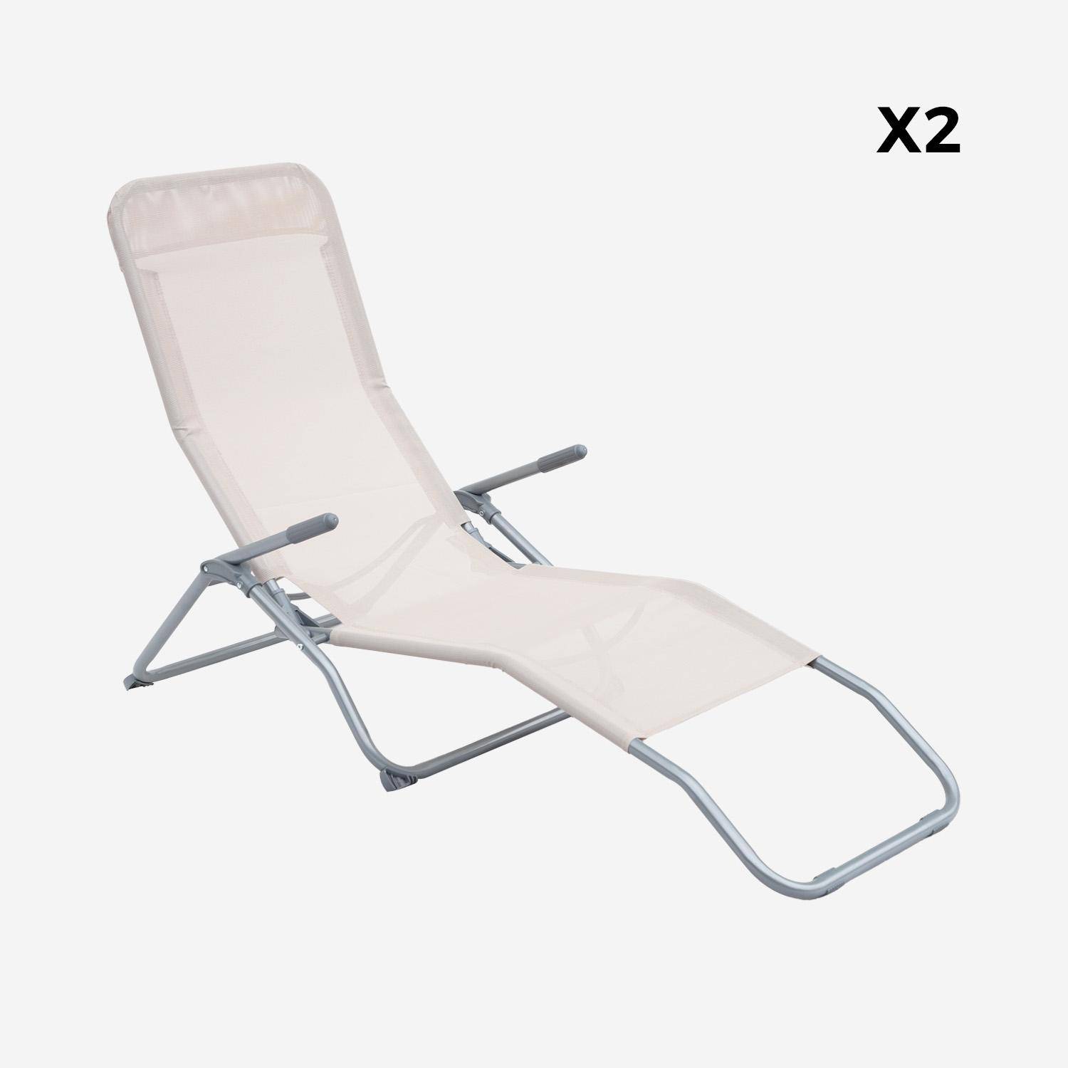 Lot de 2 bains de soleil pliants - Levito Taupe - Transats textilène 2 positions, chaises longues Photo3