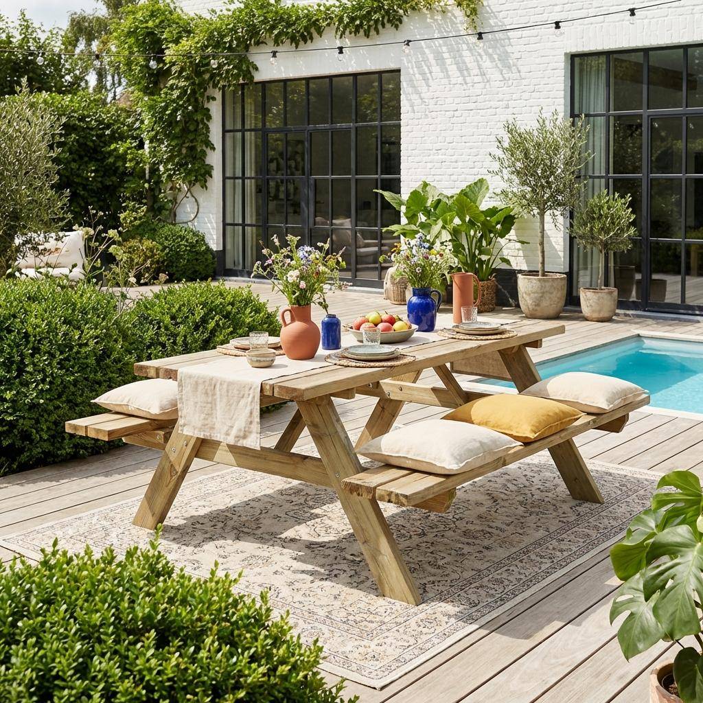 Table de pique nique bois de pin + 2 bancs rabattables en bois, 6 places - PANCHINA - Table de jardin robuste en pin sylvestre,sweeek,Photo1