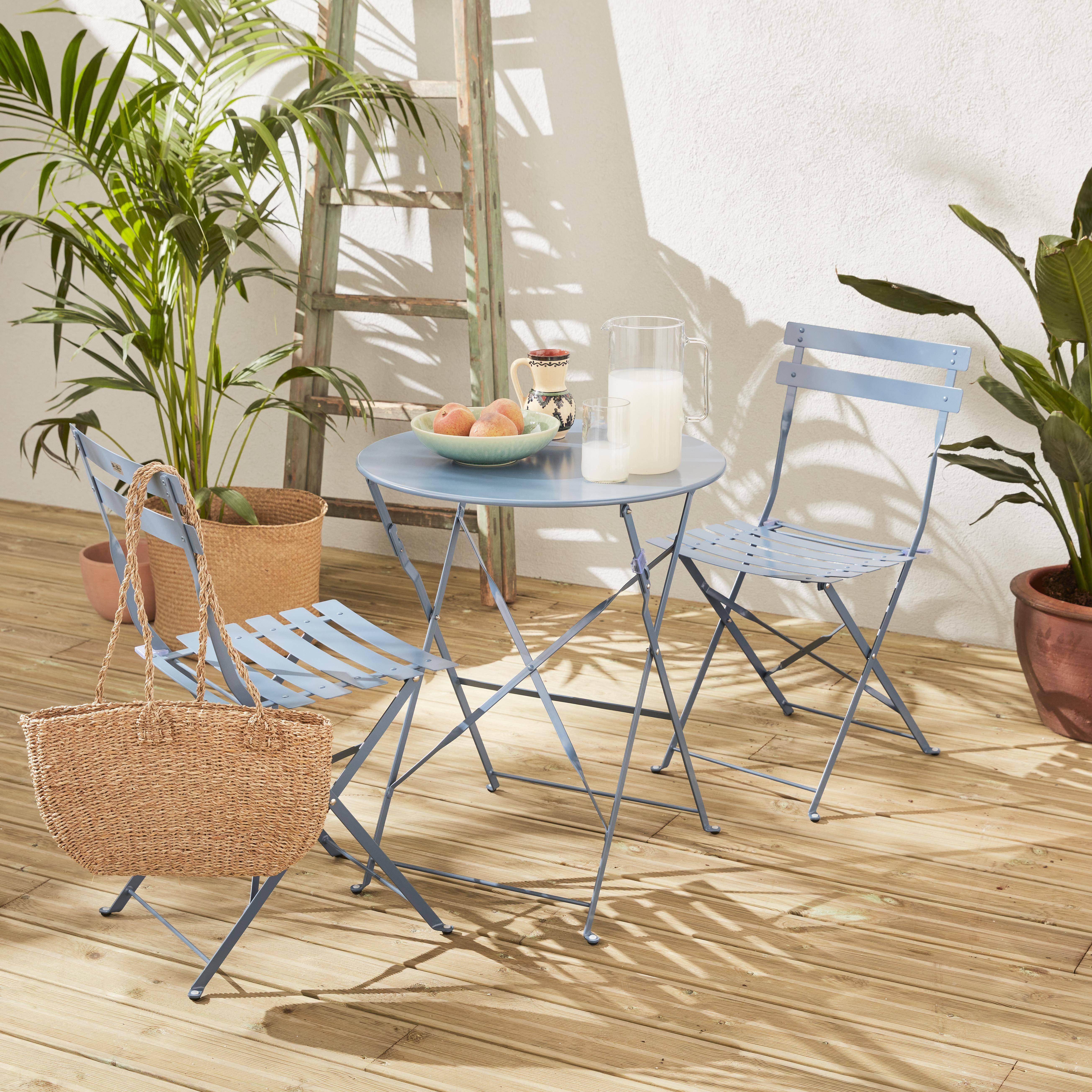Set da giardino, bar bistro, pieghevole - modello: Emilia, rotondo, colore: Blu grigio - Tavolo ø60cm, con due sedie pieghevoli, acciaio termolaccato,sweeek,Photo1