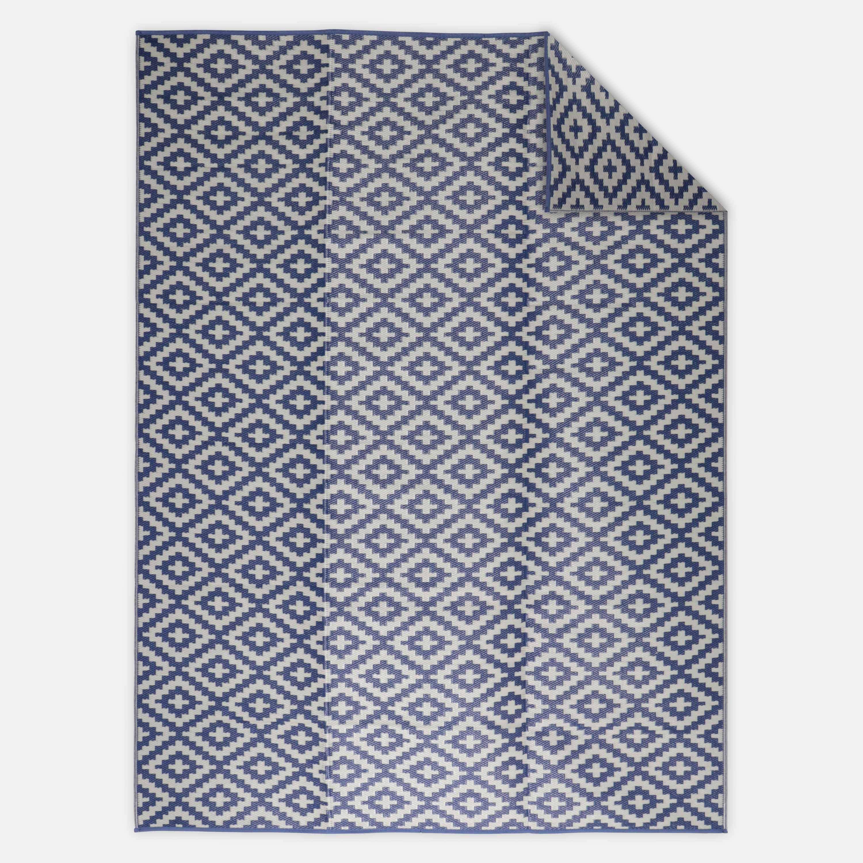 Tapis d’extérieur 270x360cm STOCKHOLM - Rectangulaire, motif ethnique bleu / beige, jacquard, réversible, indoor / outdoor Photo1