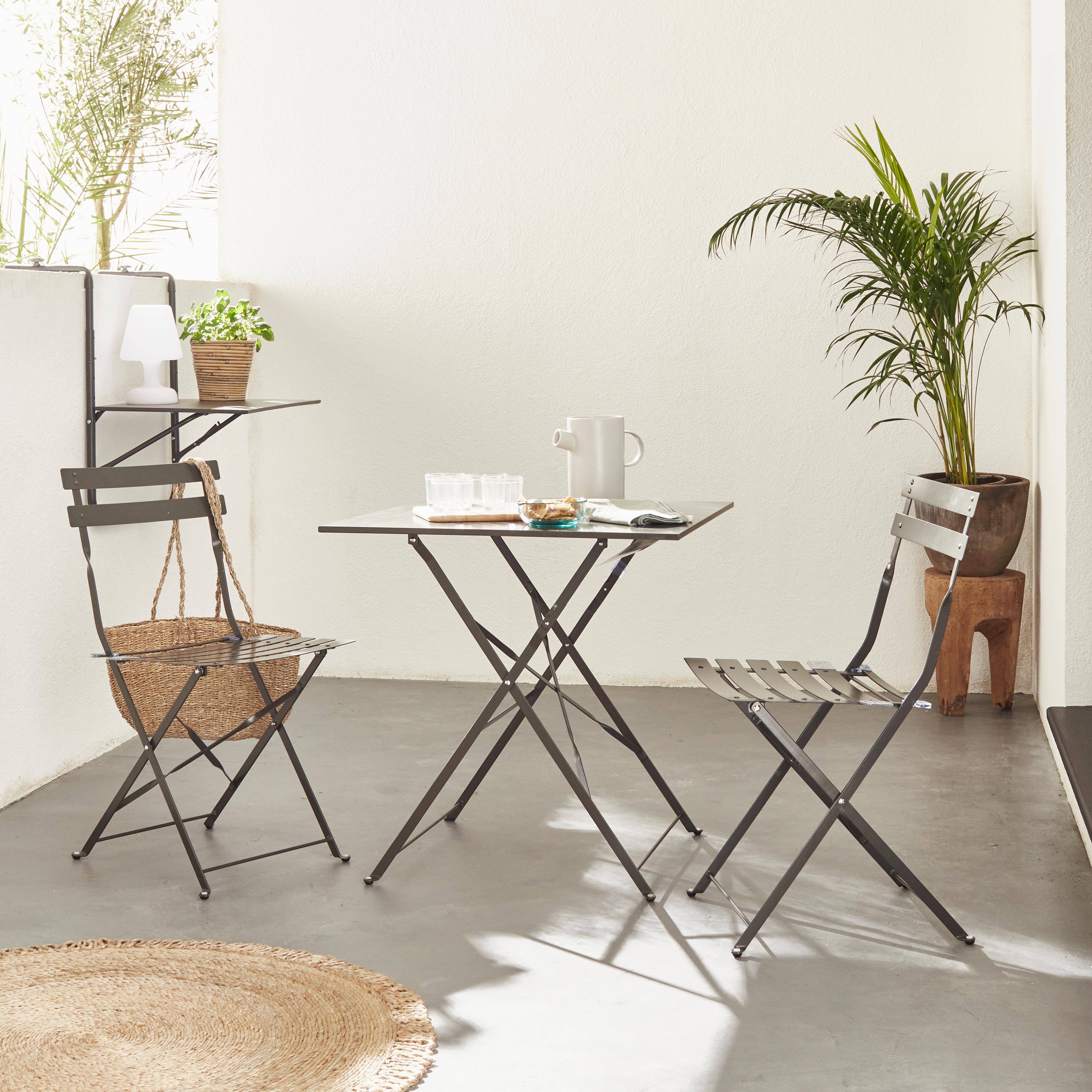Emilia - Bistroset - 2 inklapbare stoelen en een vierkante tafel 70x70 van gepoedercoat staal  – Antraciet,sweeek,Photo1