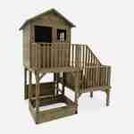 Maisonnette sur pilotis avec toboggan et bac à sable en bois FSC de 4 m², Bleuet - cabane sur pilotis en pin autoclave, terrasse, cabane à 2 étages Photo2