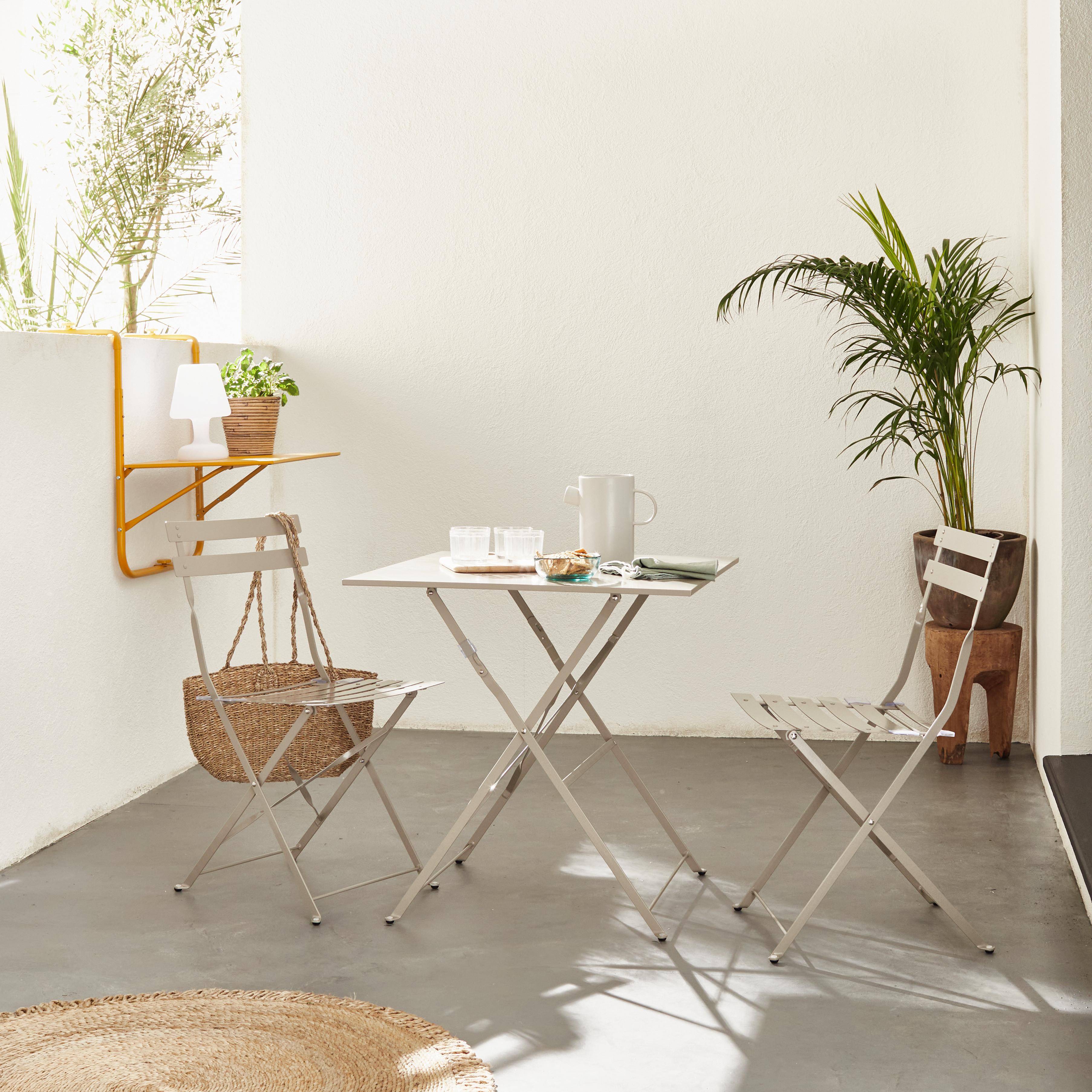Conjunto de mobiliário de jardim bistro dobrável - Emilia gris taupe - Mesa quadrada 70x70cm com duas cadeiras dobráveis, aço revestido a pó,sweeek,Photo1