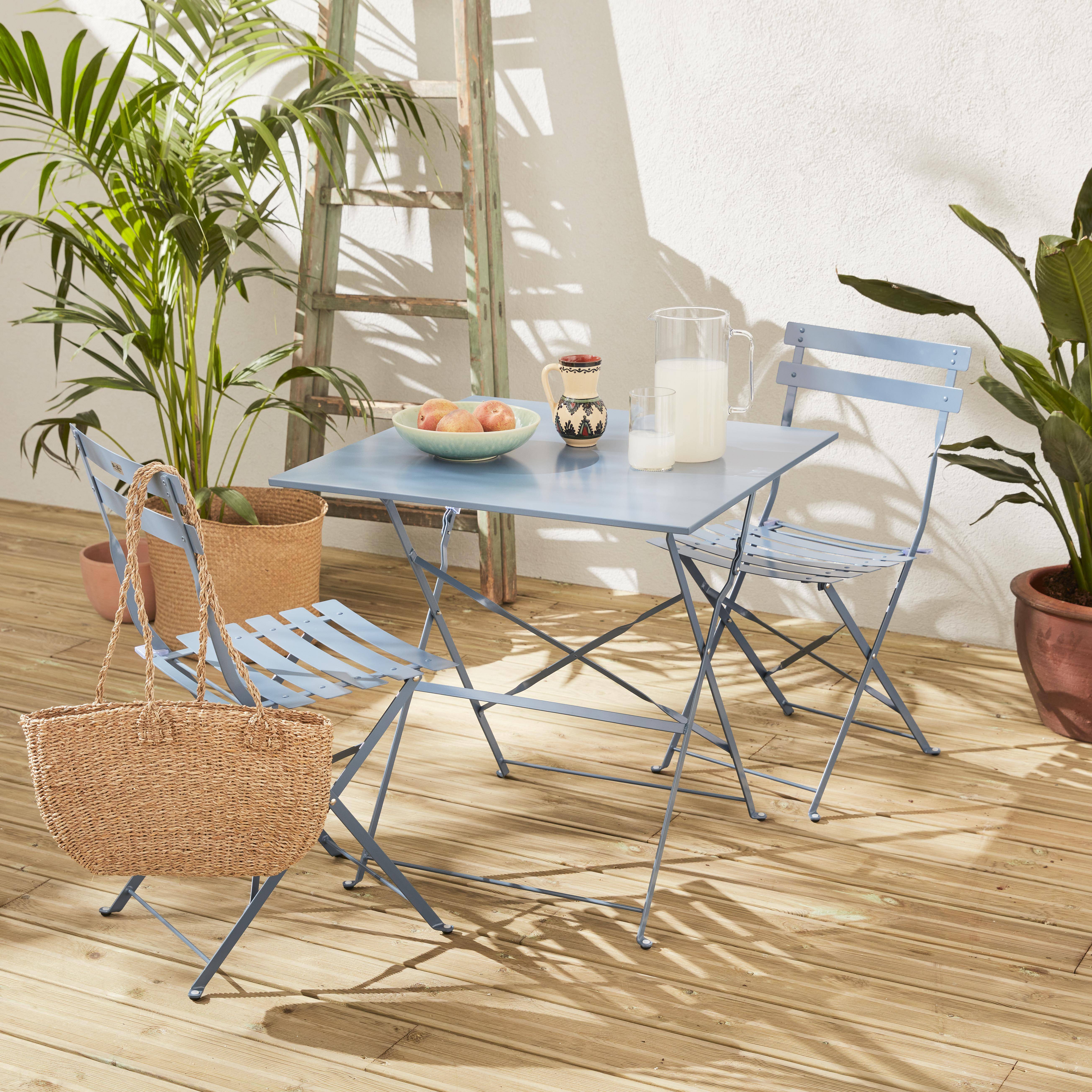 2-seater foldable thermo-lacquered steel bistro garden table with chairs, 70x70cm - Emilia - Grey Blue Photo1