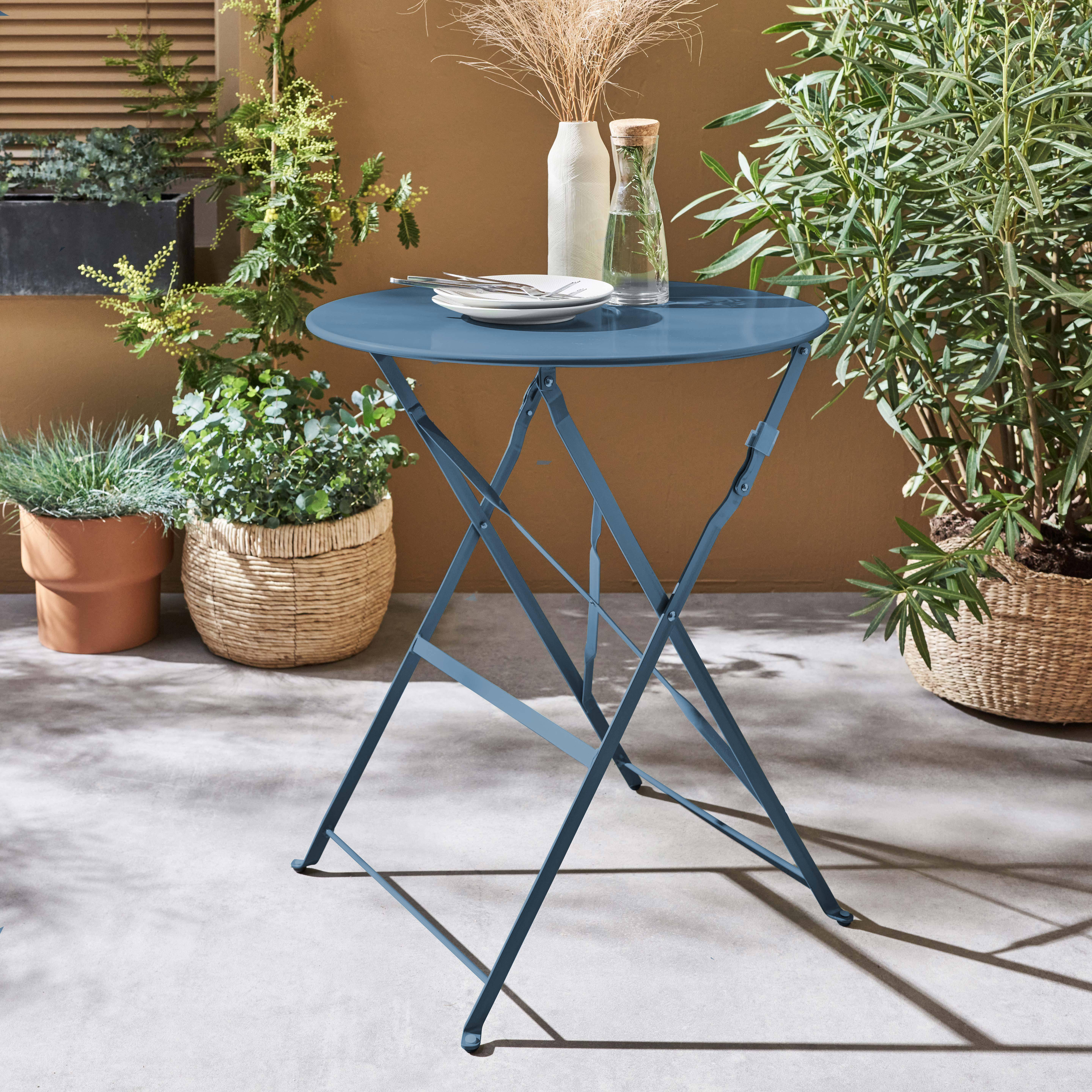 Table de jardin bistrot pliable - Emilia ronde bleu grisé- Table ronde Ø60cm en acier thermolaqué,sweeek,Photo1