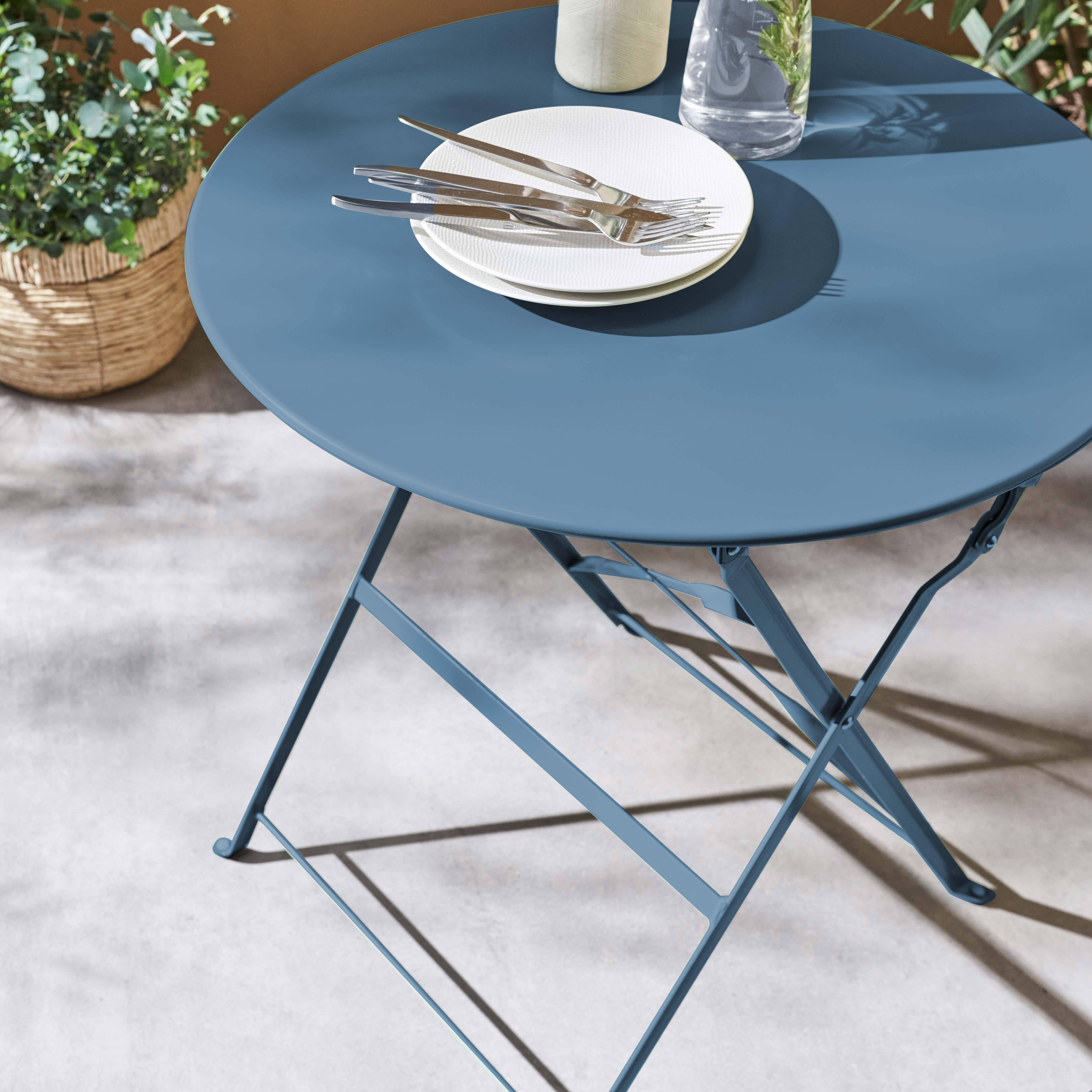 Table de jardin bistrot pliable - Emilia ronde bleu grisé- Table ronde Ø60cm en acier thermolaqué,sweeek,Photo2