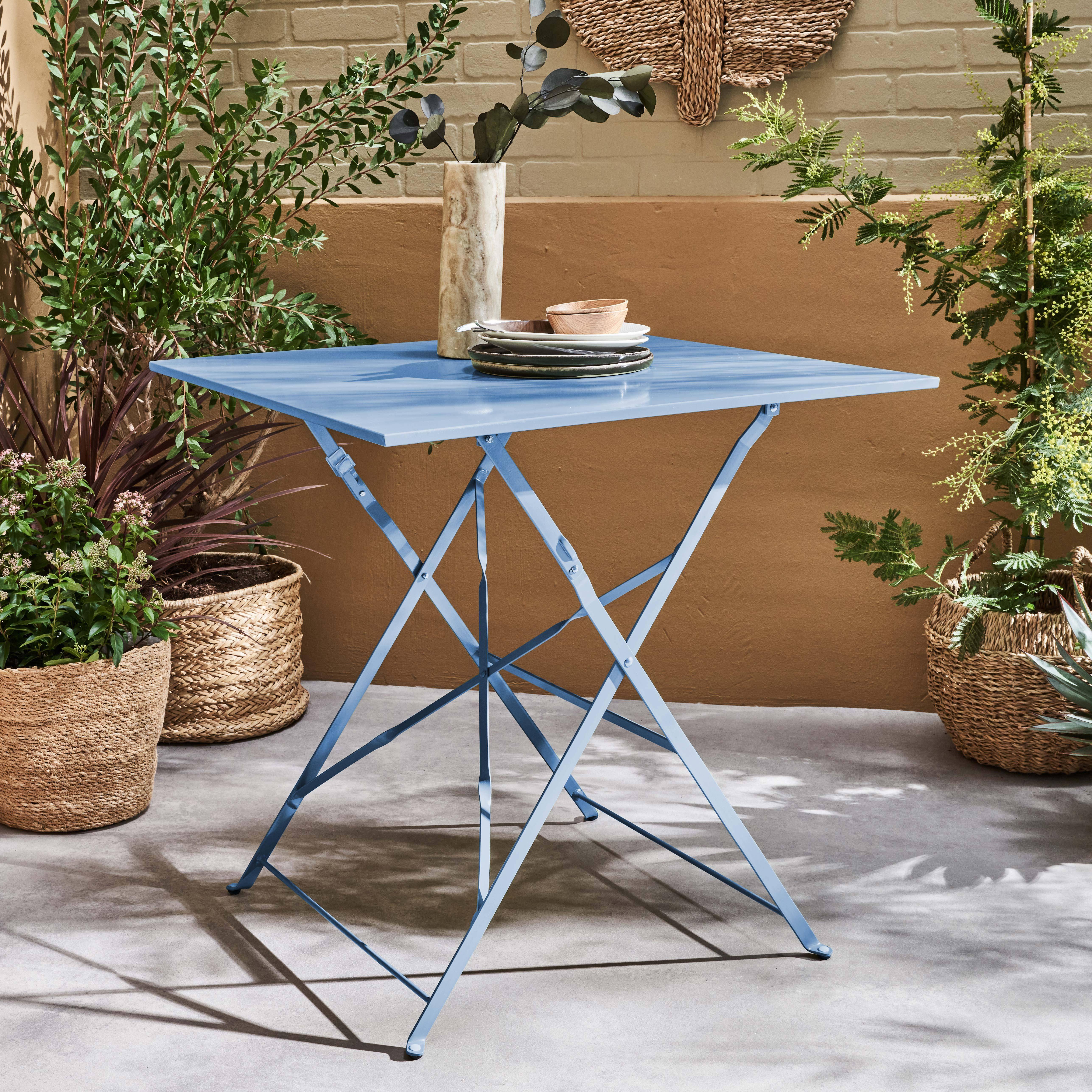 2-seater foldable thermo-lacquered steel bistro garden table, 70x70cm - Emilia - Blue grey,sweeek,Photo1