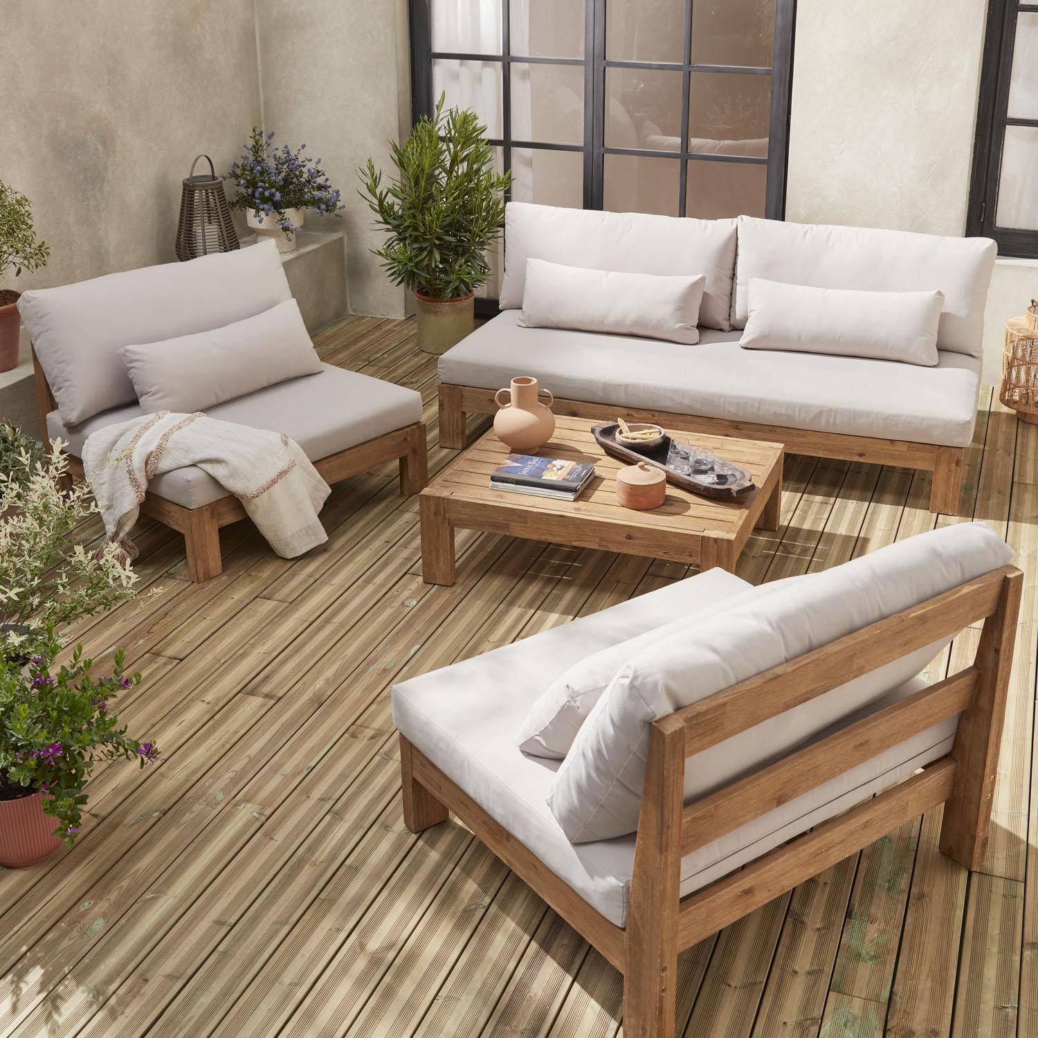 XXL Gartenmöbel aus gebürstetem Holz, gebleichter Effekt - BAHIA - beige Kissen, extrem bequem, 5 bis 7 Plätze Photo1