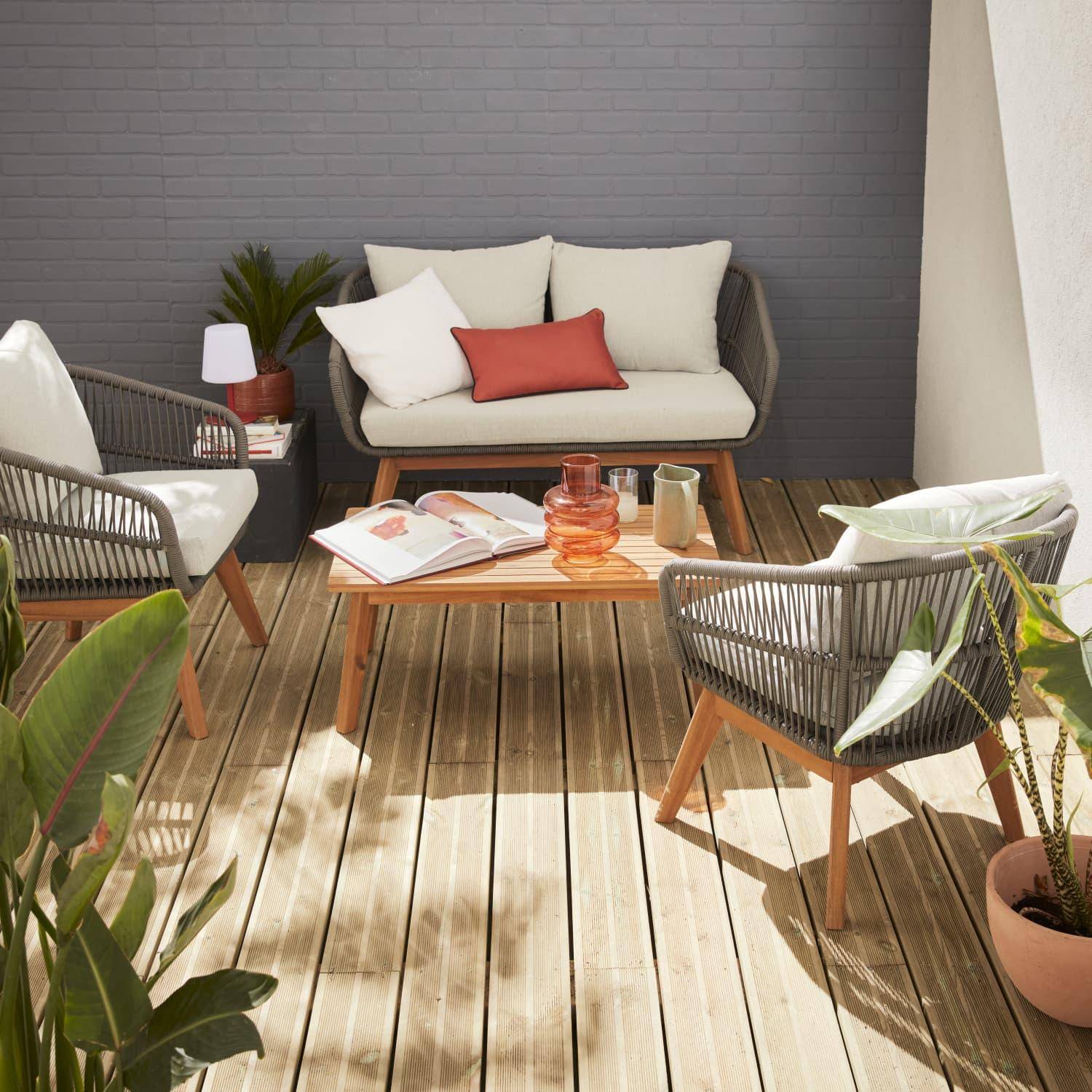 Conjunto de mobiliário de jardim com sofá em madeira e corda, 4 lugares, Rosario, Cinza, 132x72x78 cm Photo1