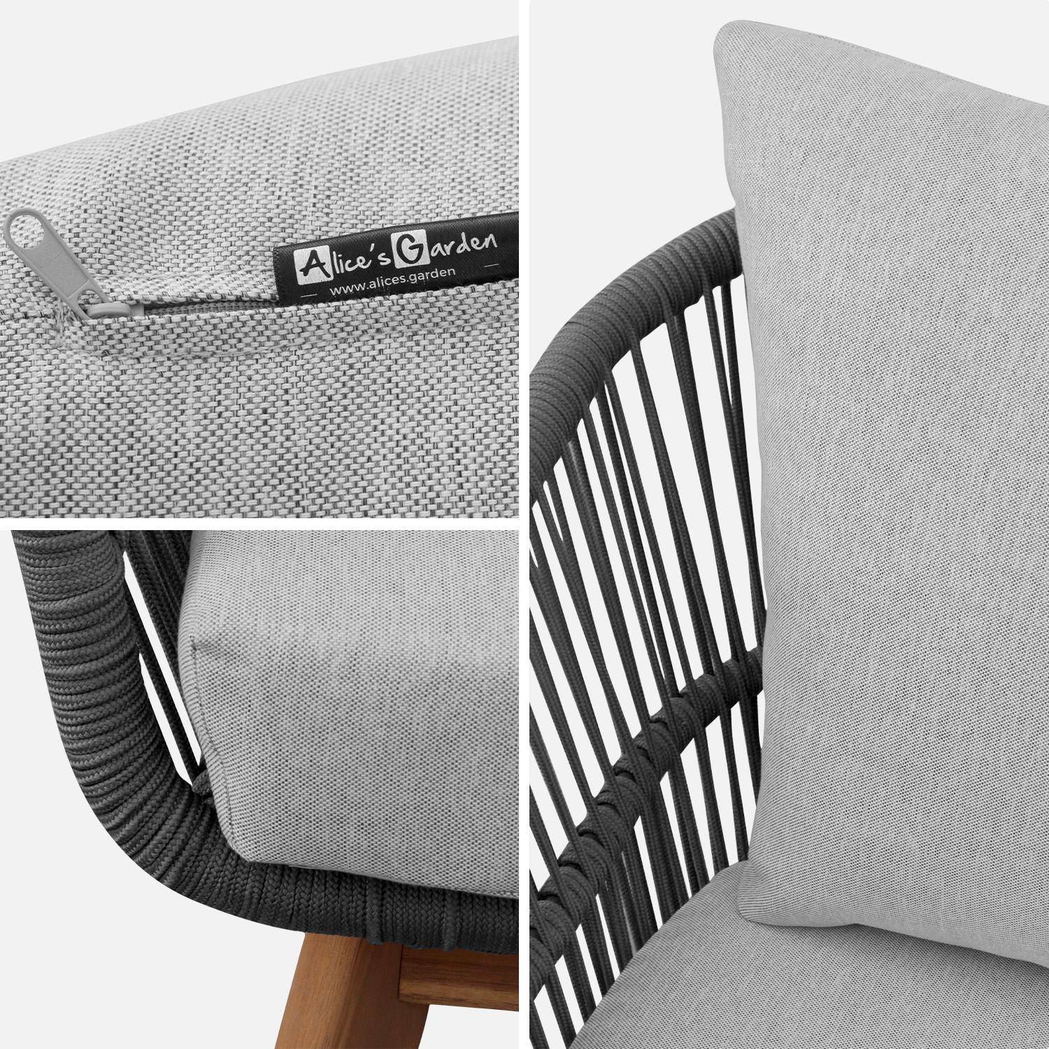 Loungeset 4 plaatsen - ROSARIO - in gevlochten touw, aluminium en hout, grijs gespikkeld/grijze kussens,sweeek,Photo7