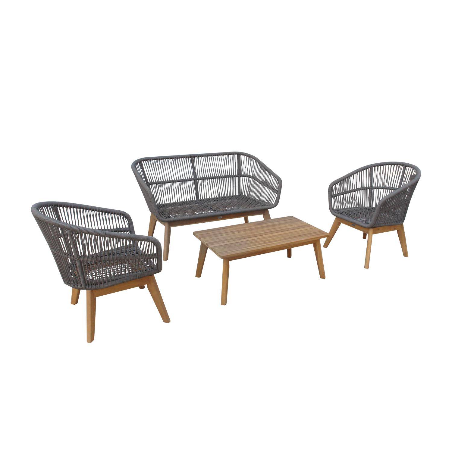 Gartengarnitur 4 Sitze - ROSARIO - aus geflochtenen Seilen, Holz und Aluminium, grau / graumelierte Kissen Photo4