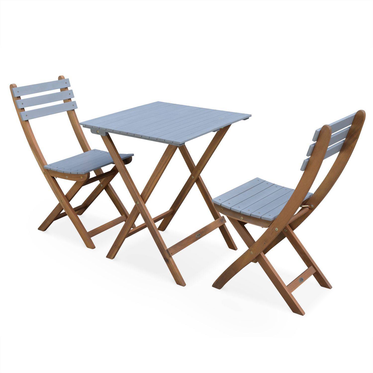 Conjunto de jardim de madeira Bistro 60x60cm - Barcelona - cinza claro, mesa dobrável bicolor quadrada com 2 cadeiras dobráveis, acácia,sweeek,Photo1