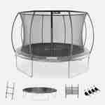 Trampoline rond Ø 370cm gris - Saturne Inner XXL – trampoline de jardin avec filet de protection intérieur, échelle, bâche, filet pour chaussures et kit d'ancrage Photo1