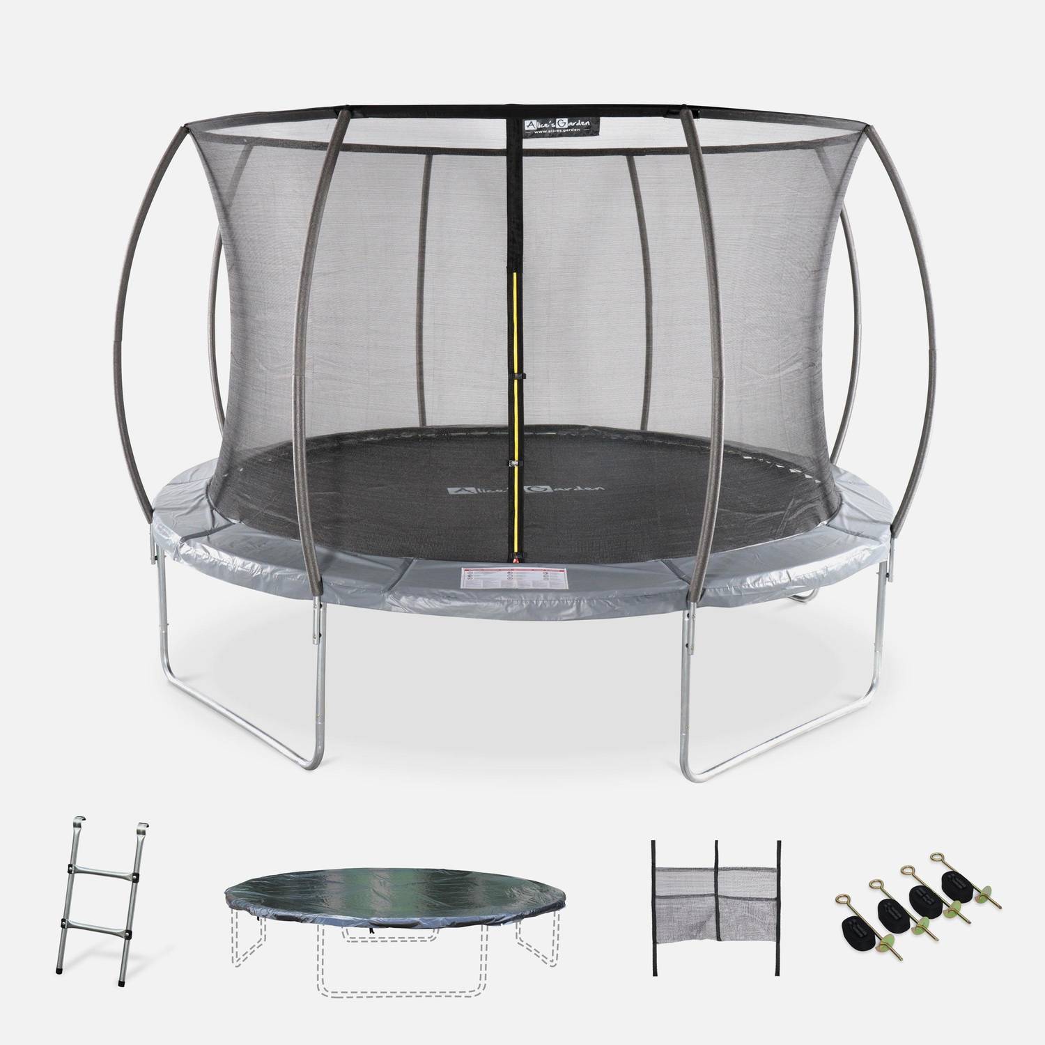 Trampoline rond Ø 370cm gris - Saturne Inner XXL – trampoline de jardin avec filet de protection intérieur, échelle, bâche, filet pour chaussures et kit d'ancrage Photo1