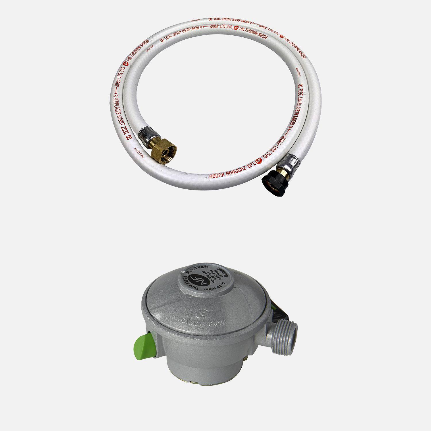 Kit Gasslang 1,5 m met mechanische uiteinden + Snelregelaar Ø27mm Butaan 28mbar 1,3kg/h, snelkoppeling - NF-normen Photo1
