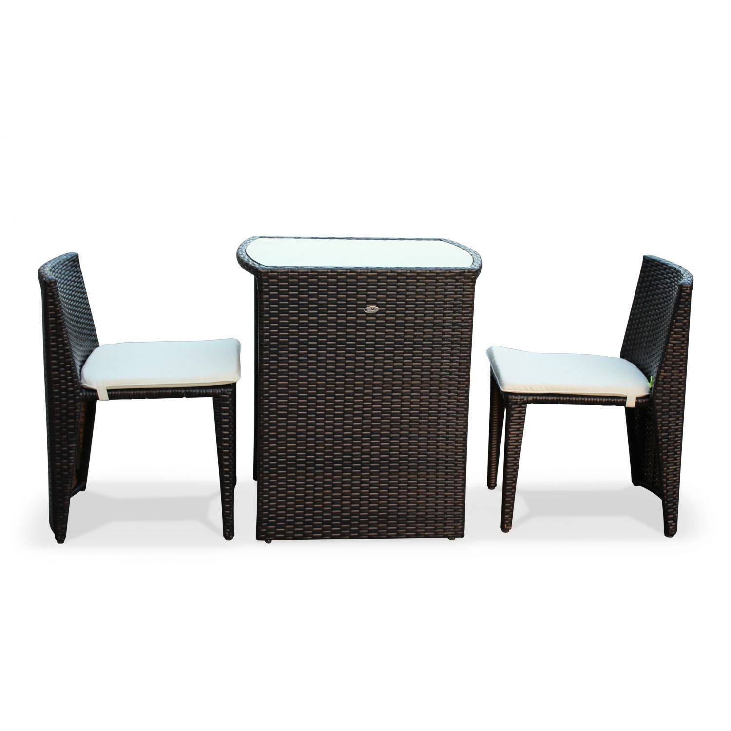 Table de jardin en résine tressée - Doppio - Chocolat, Coussins écru - 2 chaises, encastrable pour balcon et terrasse Photo3