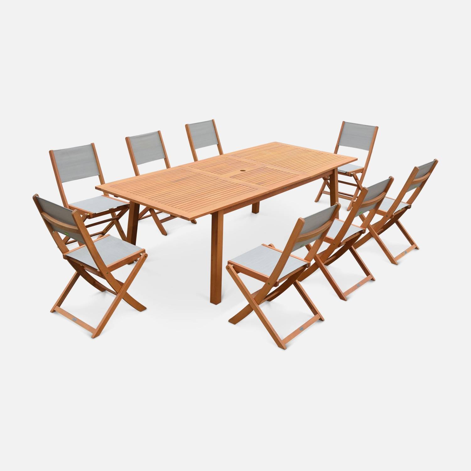 Salon de jardin en bois Almeria, grande table 180-240cm rectangulaire, 8 chaises eucalyptus FSC et textilène gris taupe | sweeek