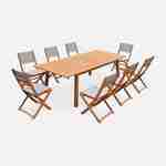 Gartengarnitur aus Holz, großer Tisch 180/240 cm mit Verlängerung, 8 Stühle aus geöltem FSC-Eukalyptusholz und taupegrauem Textilene - Almeria Photo1