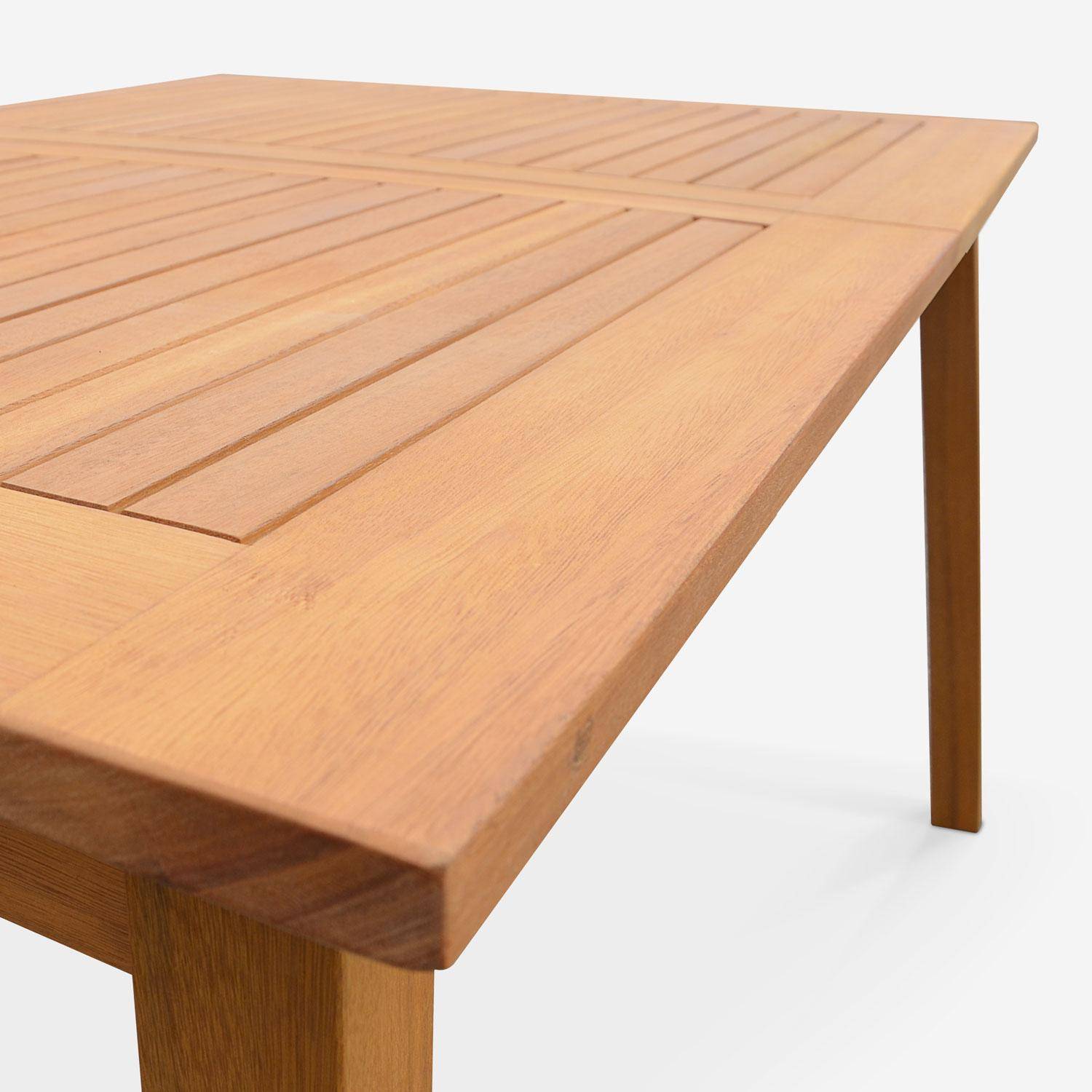 Gartengarnitur aus Holz, großer Tisch 180/240 cm mit Verlängerung, 8 Stühle aus geöltem FSC-Eukalyptusholz und taupegrauem Textilene - Almeria Photo5