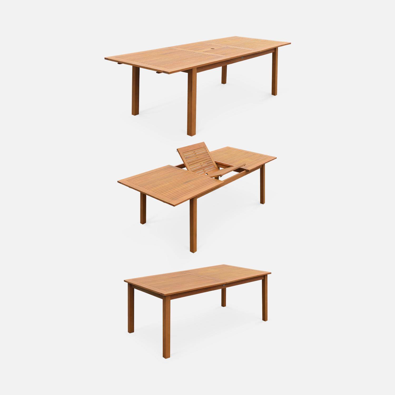 Gartengarnitur aus Holz, großer Tisch 180/240 cm mit Verlängerung, 8 Stühle aus geöltem FSC-Eukalyptusholz und taupegrauem Textilene - Almeria,sweeek,Photo3