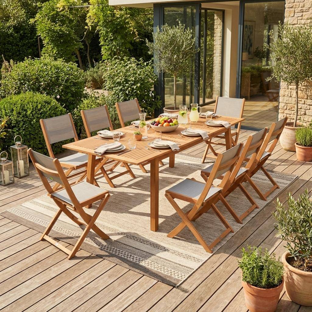 Salon de jardin en bois extensible - Almeria - Grande table 180/240cm avec rallonge, 8 chaises, en bois d'Eucalyptus huilé et textilène gris taupe Photo1