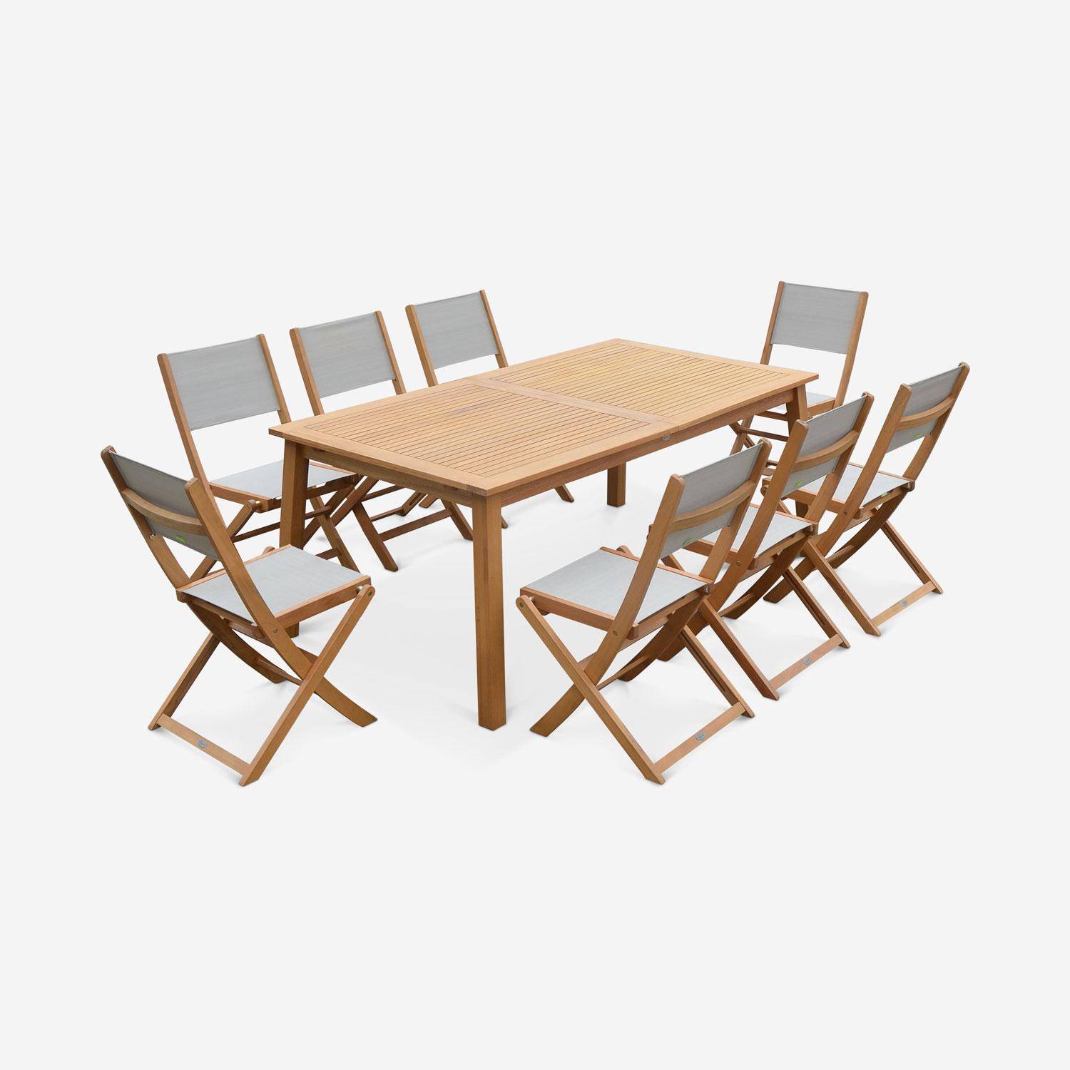 Gartengarnitur aus Holz, großer Tisch 180/240 cm mit Verlängerung, 8 Stühle aus geöltem FSC-Eukalyptusholz und taupegrauem Textilene - Almeria Photo2