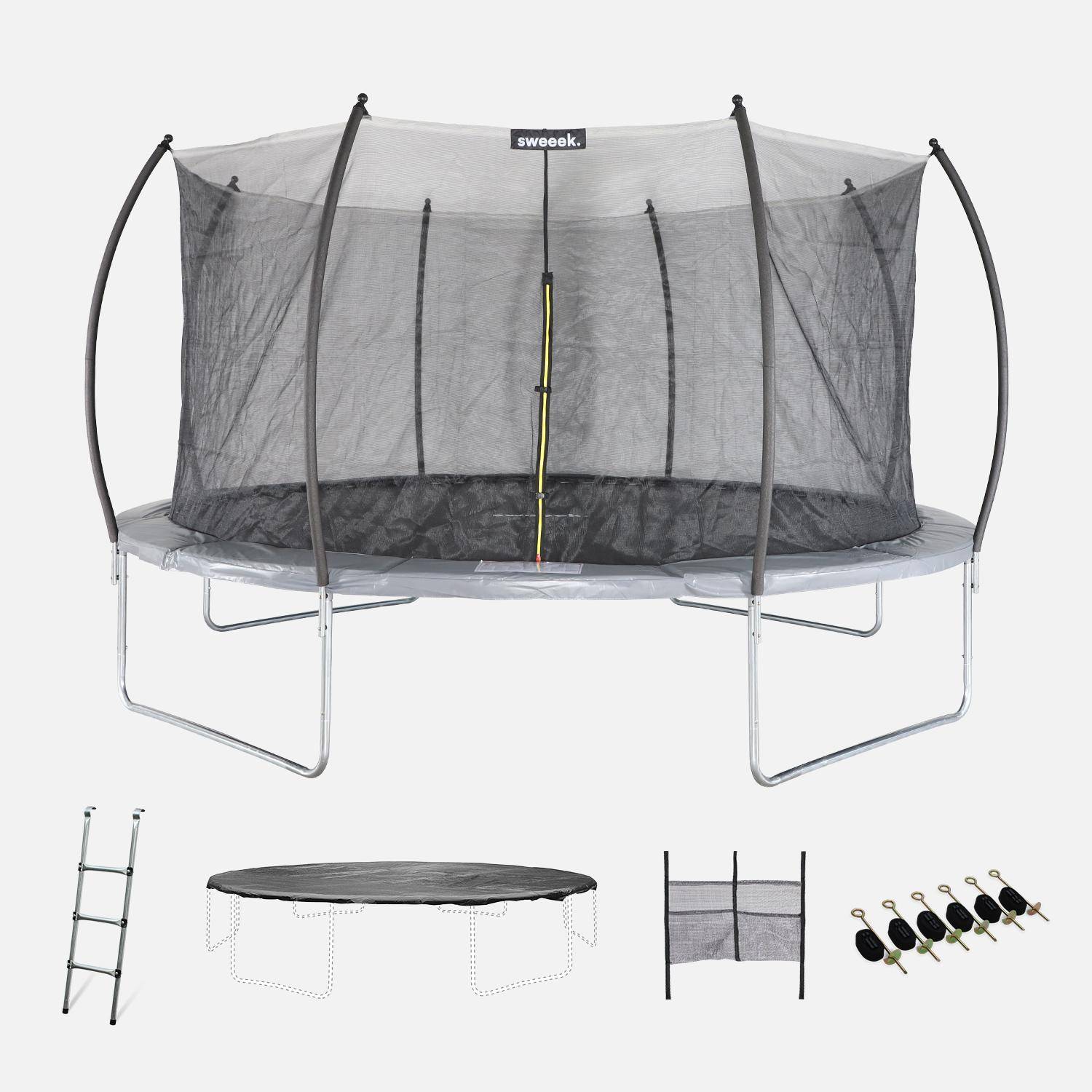 Trampolina okrągła Ø 490 cm szara z wewnętrzną siatką ochronną - Jupiter Inner XXL - drabinka, plandeka, siatka na buty i zestaw kotwiący 4,90 m 490 cm Photo1