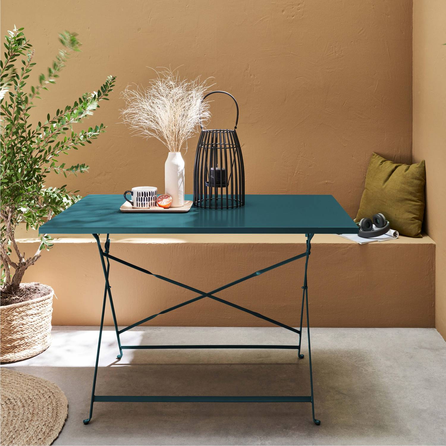 Table jardin bistrot pliable - Emilia rectangle bleu canard- Table rectangle 110x70cm en acier thermolaqué Photo1