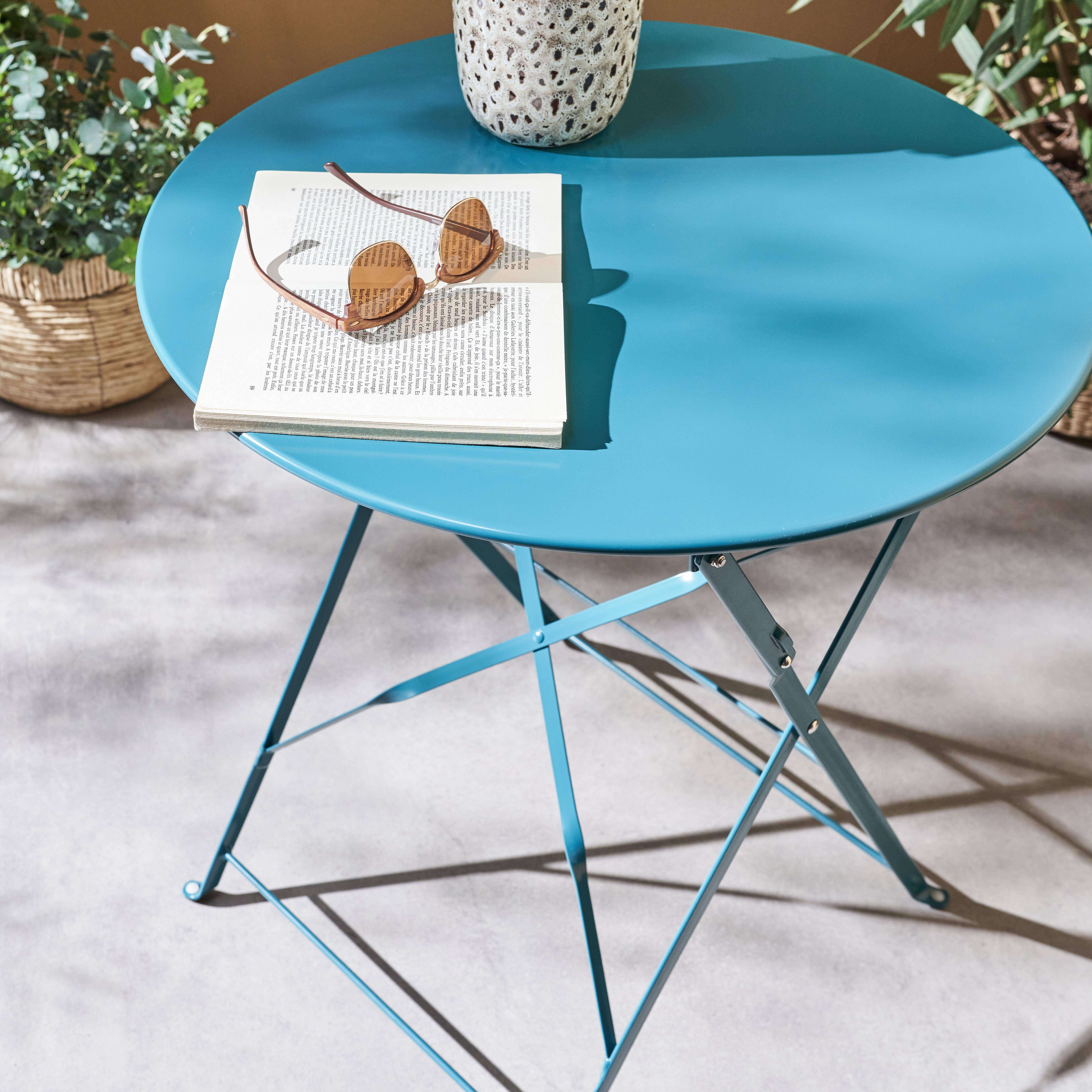Foldable bistro garden table - Round Emilia duck blue - Round table Ø60cm, thermo-lacquered steel,sweeek,Photo2