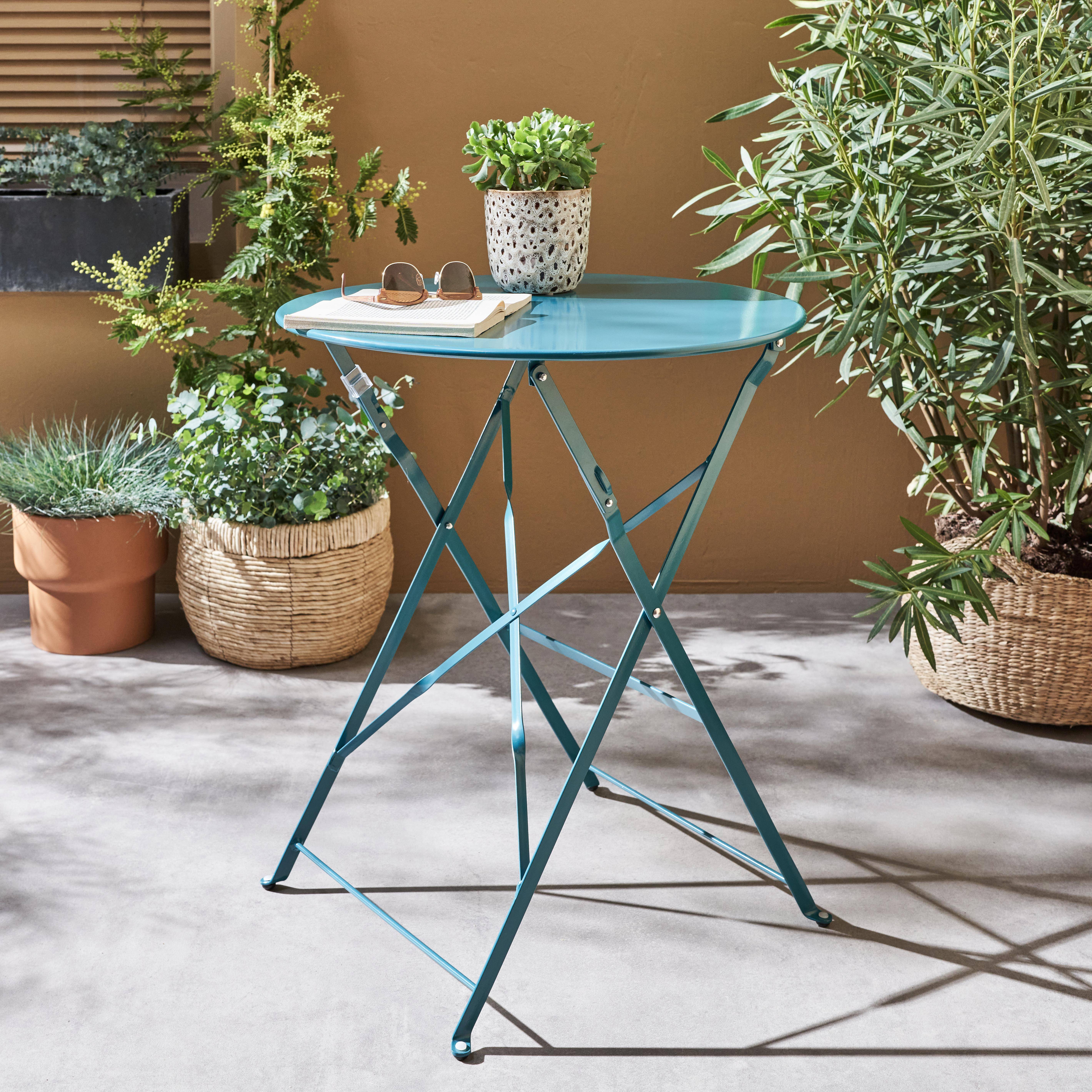 Foldable bistro garden table - Round Emilia duck blue - Round table Ø60cm, thermo-lacquered steel,sweeek,Photo1