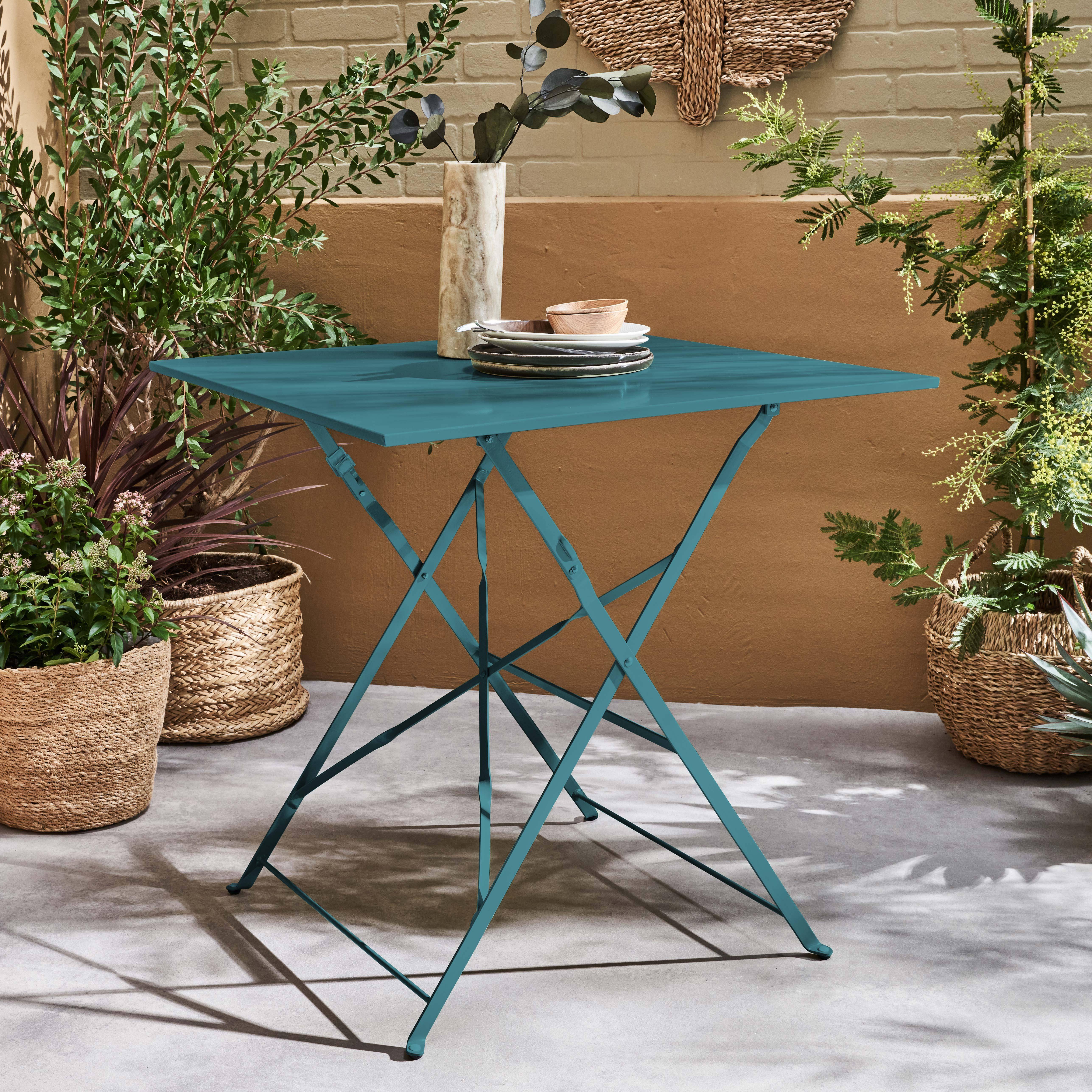 Table jardin bistrot pliable - Emilia carrée bleu canard- Table carrée 70x70cm en acier thermolaqué,sweeek,Photo1