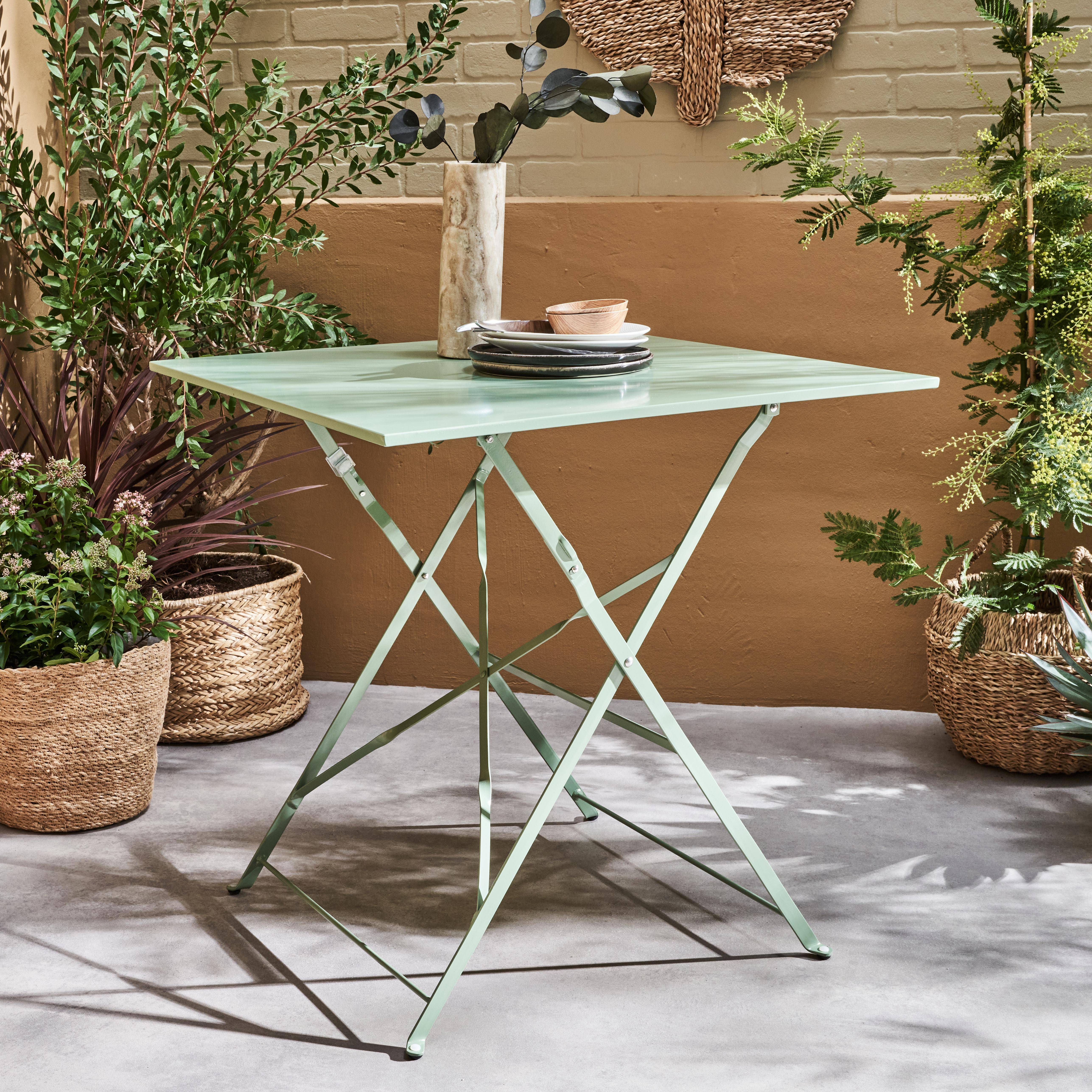 Table jardin bistrot pliable - Emilia carrée vert de gris - Table carrée 70x70cm en acier thermolaqué,sweeek,Photo1