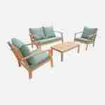 Salon de jardin en bois 4 places - Ushuaïa - Coussins vert de gris, canapé, fauteuils et table basse en acacia, design Photo2