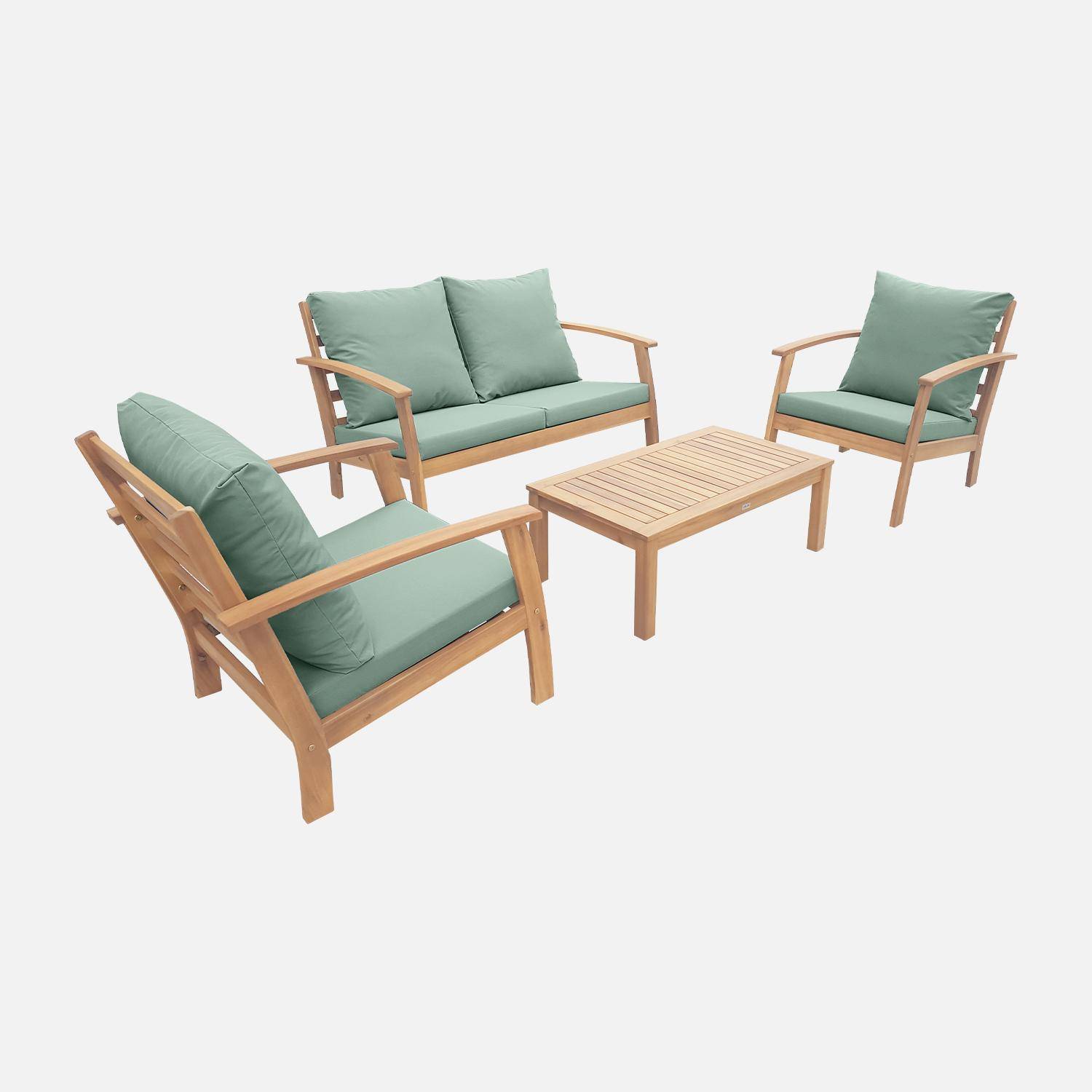 Salon de jardin en bois 4 places - Ushuaïa - Coussins vert de gris, canapé, fauteuils et table basse en acacia, design Photo2
