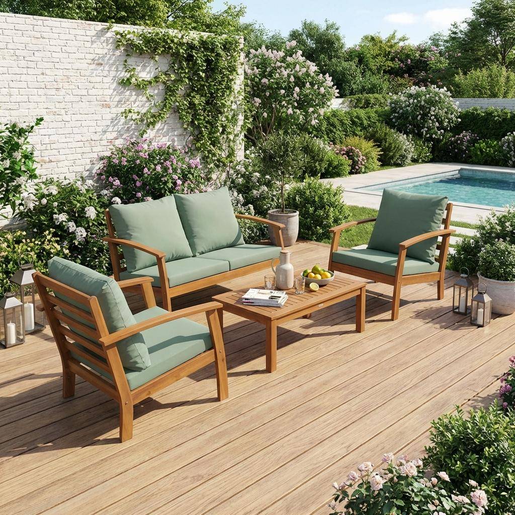 4-osobowy drewniany zestaw mebli ogrodowych - Ushuaïa - Seledynowe poduszki, sofa, fotele i stolik kawowy z drewna akacjowego,sweeek,Photo1