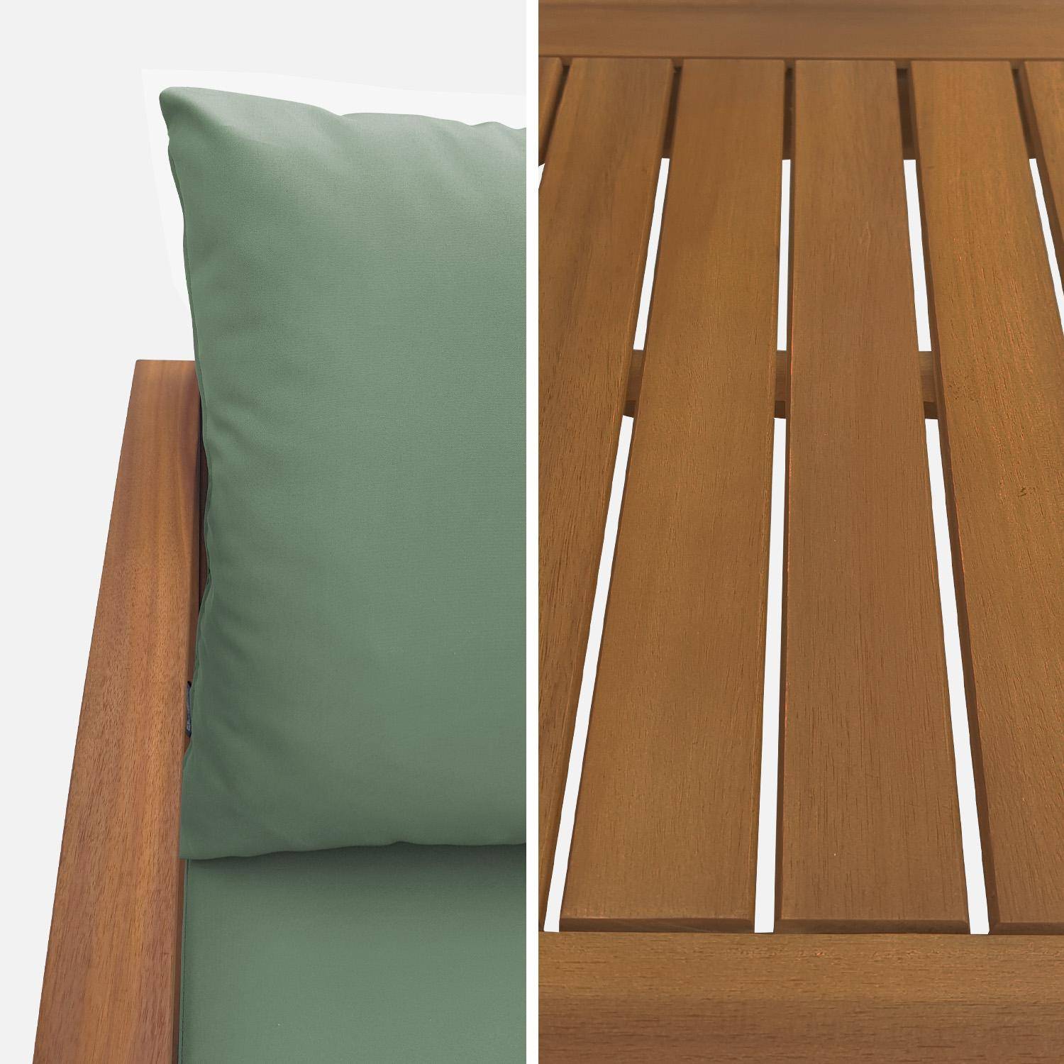 4-osobowy drewniany zestaw mebli ogrodowych - Ushuaïa - Seledynowe poduszki, sofa, fotele i stolik kawowy z drewna akacjowego Photo4