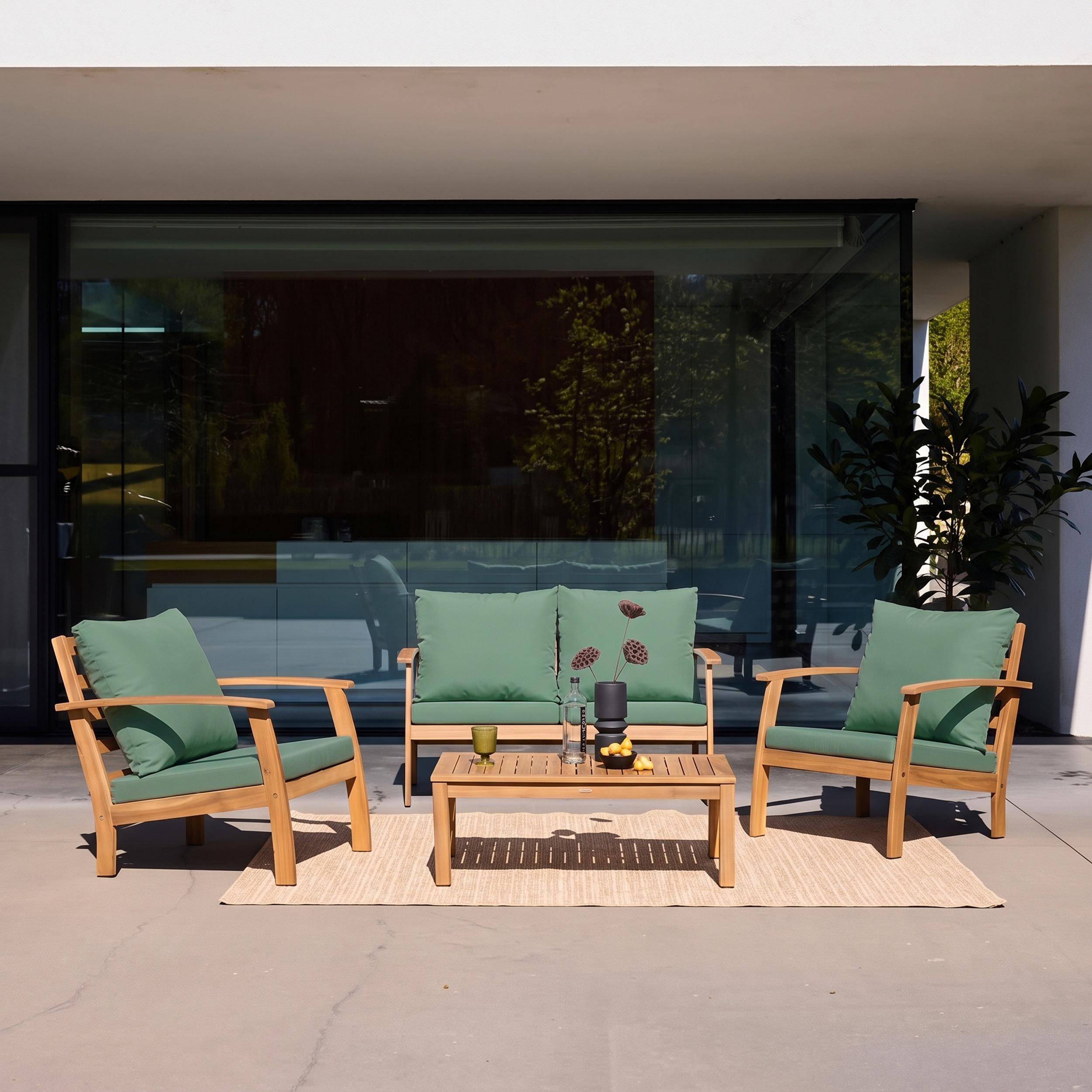 Salon de jardin en bois 4 places - Ushuaïa - Coussins vert de gris, canapé, fauteuils et table basse en acacia, design Photo1